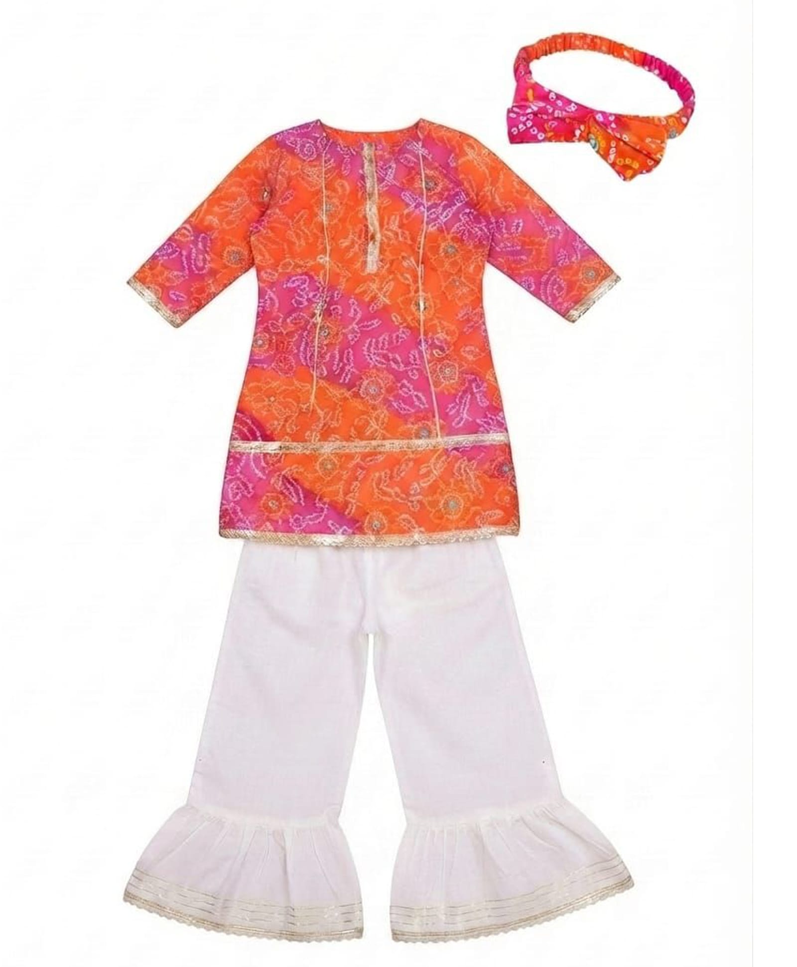 Tiny Bugs Organic Cotton Woven Three Fourth Sleeves Bandhani Printed Lace Detailed Kurti & Sharara Set With Headband - Pink-image-32