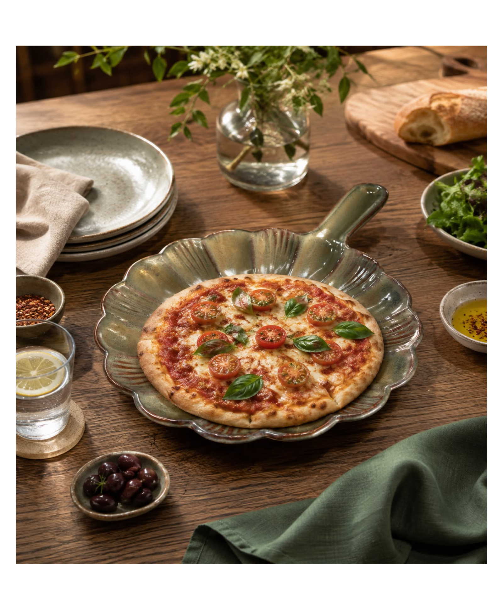 VOIDROP Premium Ceramic Pizza Platter with Handle , Rustic Serving Plate for Pizza, Pasta, Snacks & Appetizers , Elegant Stoneware Baking & Serving Dish-image-25