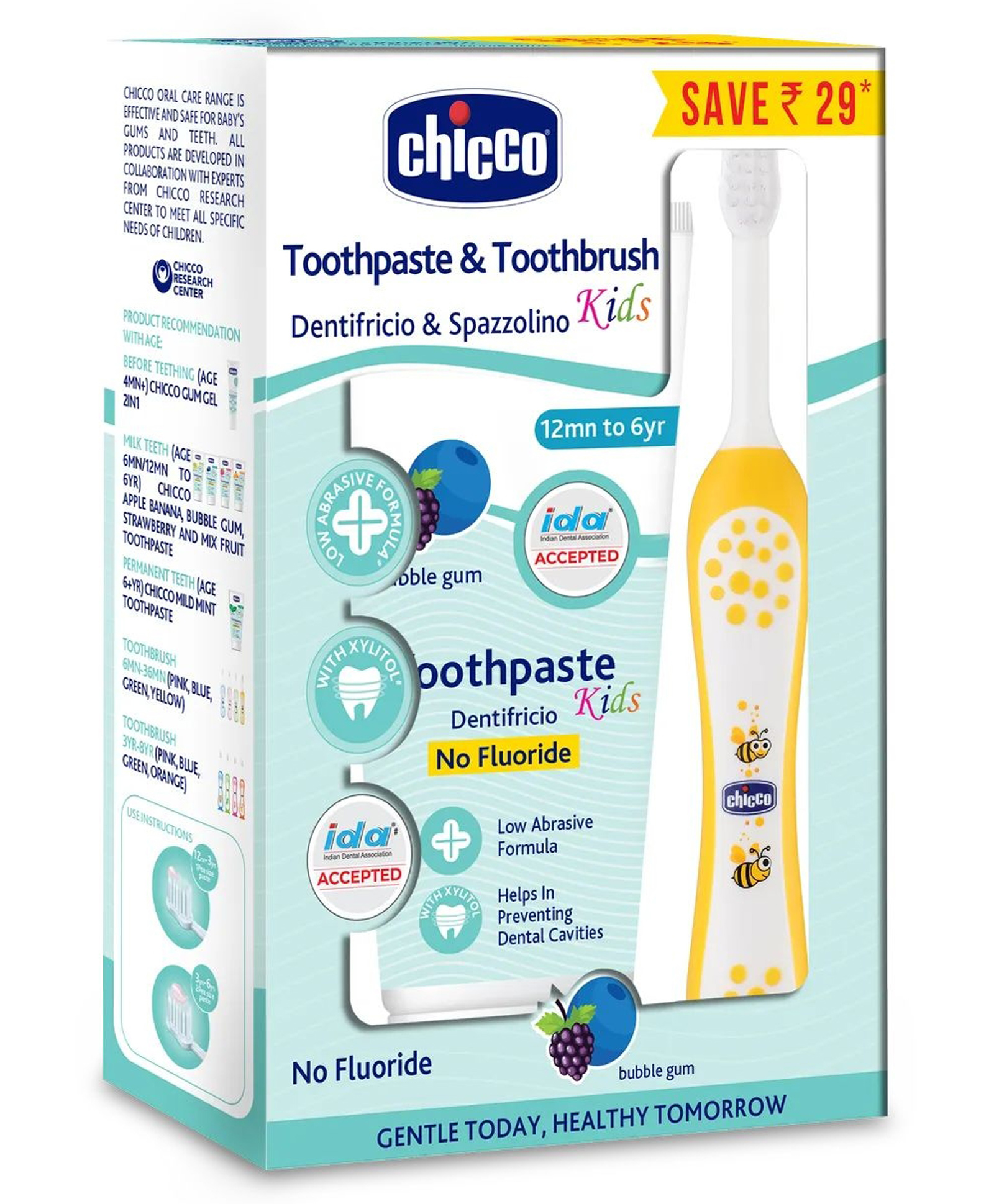 Chicco Bubble Gum Toothpaste With Toothbrush Fluoride Free Xylitol - Yellow-image-7