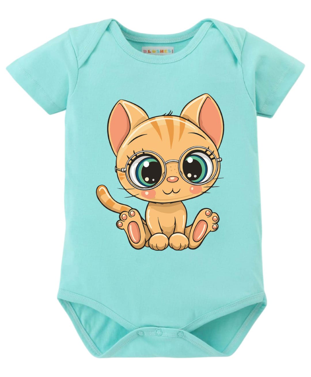 BLUSHES 100% Cotton Knit Half Sleeves Cat Printed Onesie - Sea Green-image-40