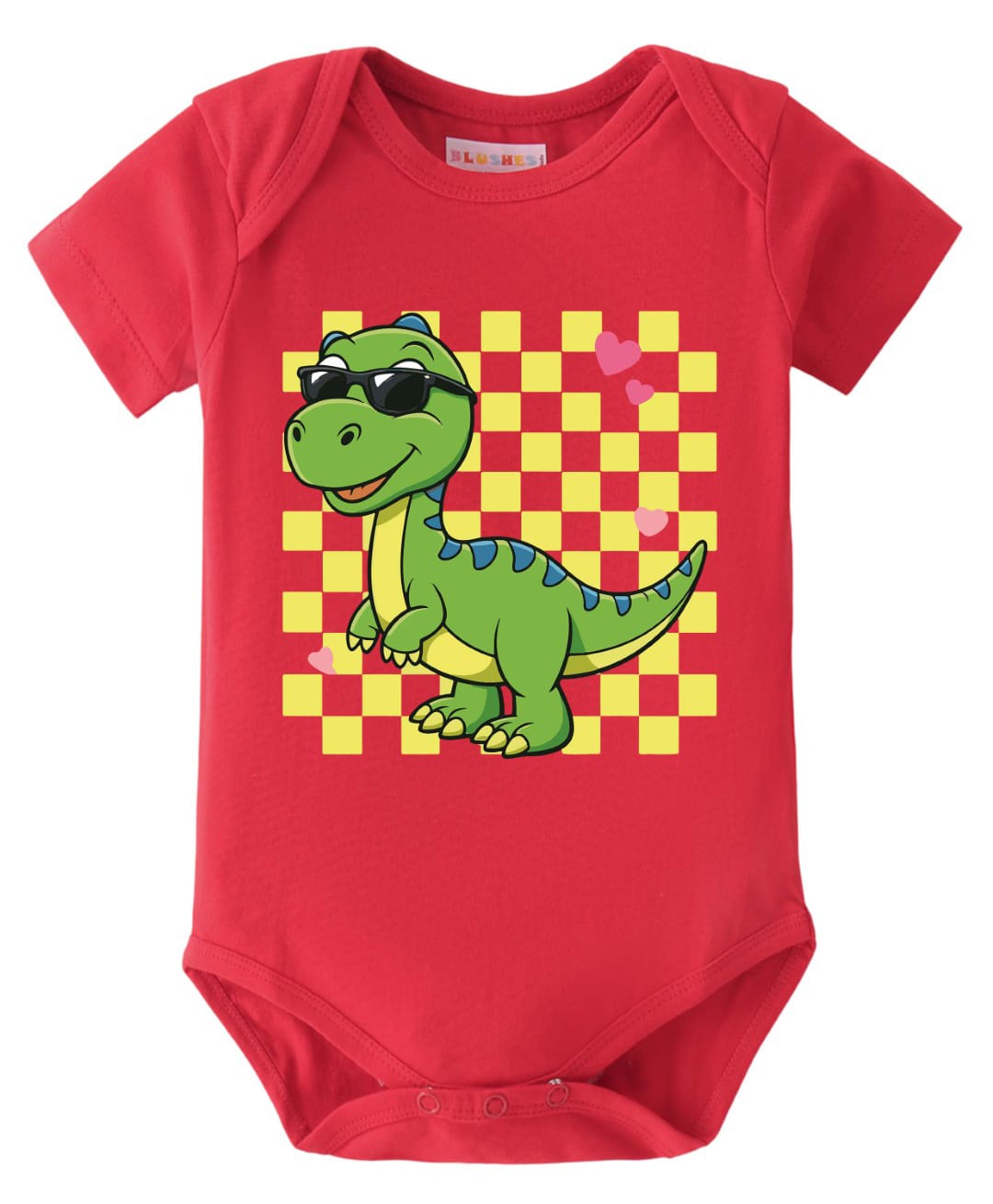 BLUSHES 100% Cotton Knit Half Sleeves Checked & Dinosaur Printed Onesie - Red-picture-25