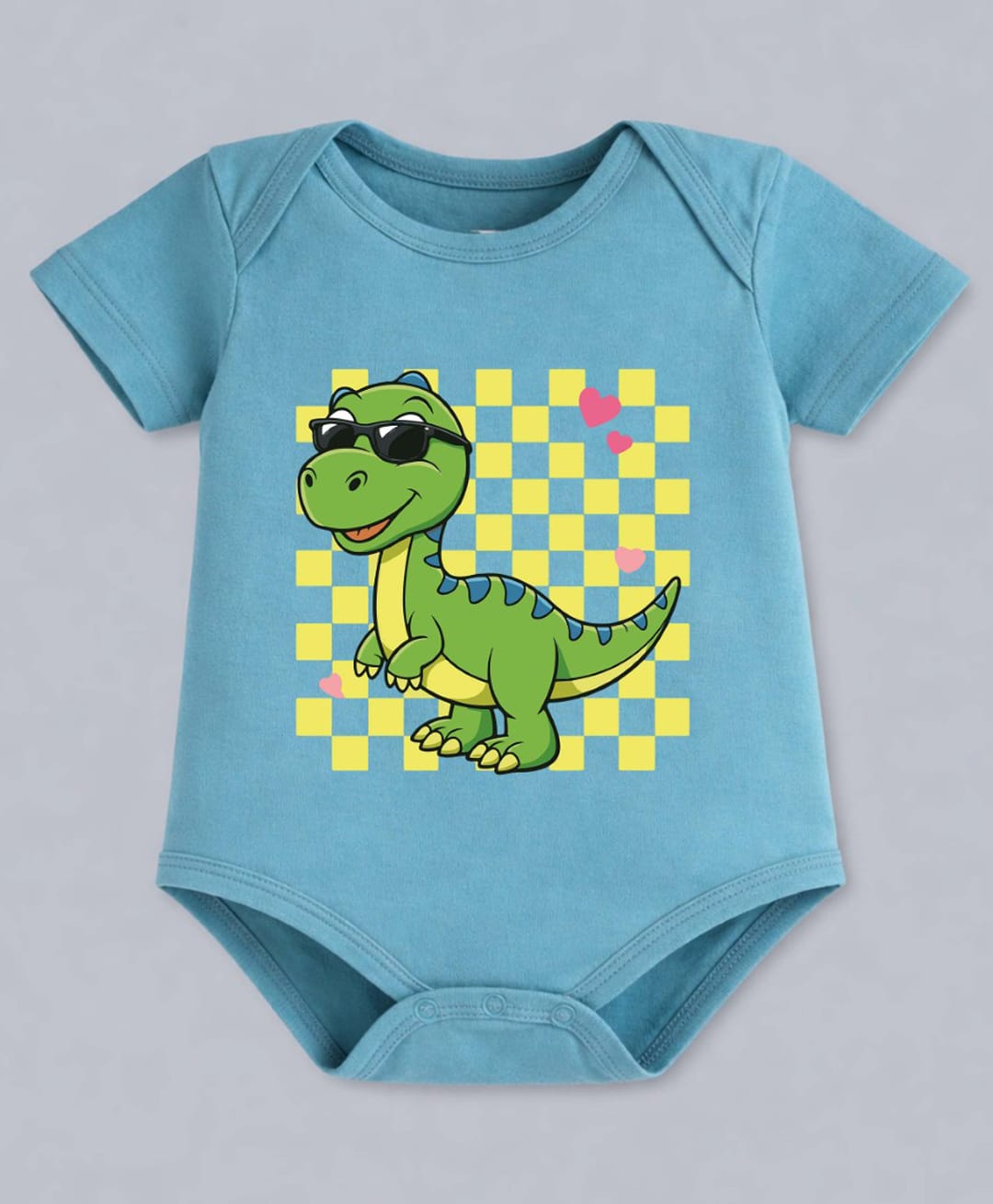 BLUSHES 100% Cotton Knit Half Sleeves Checked & Dinosaur Printed Onesie - Turquoise-picture-3