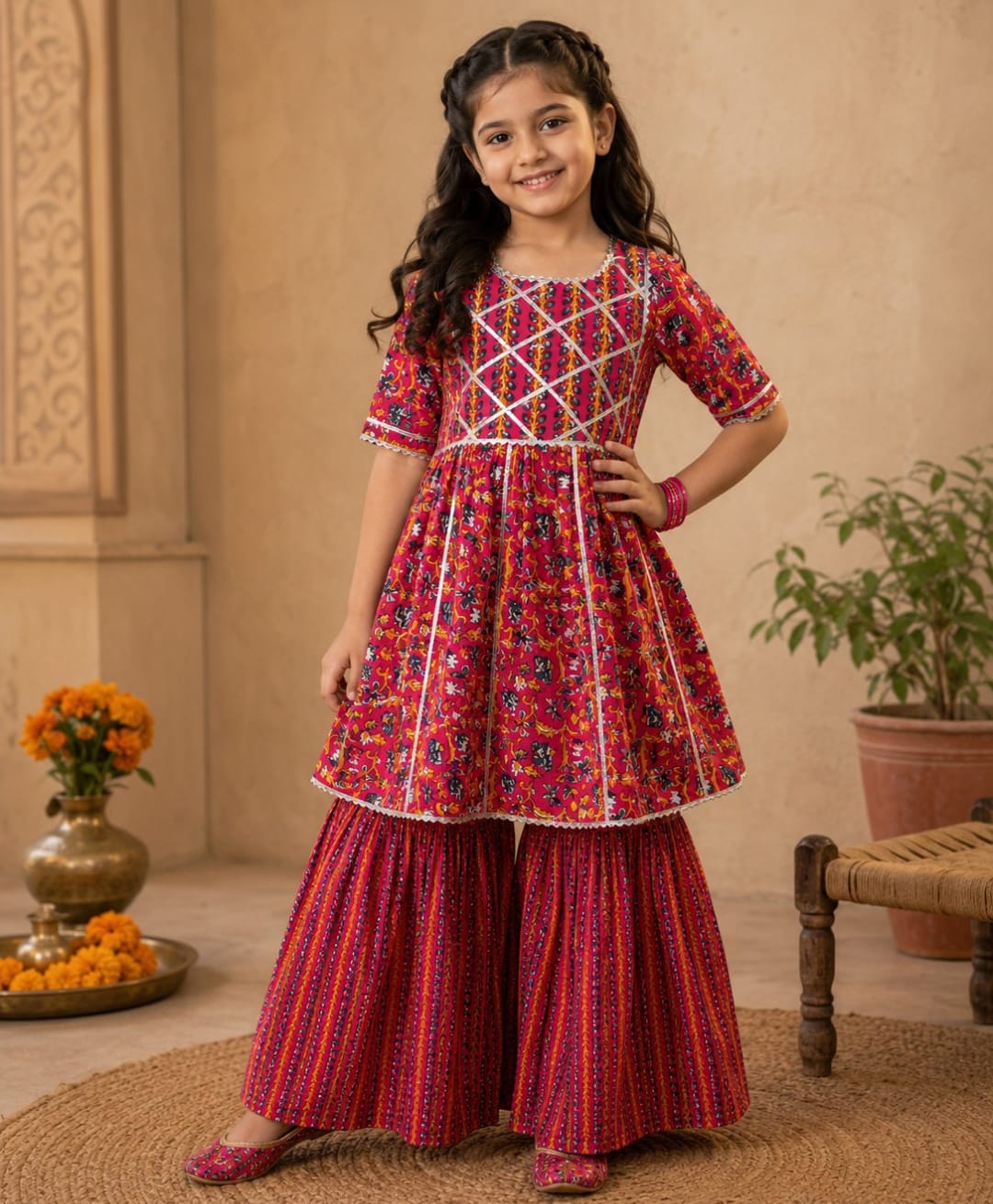 Superminis Cotton Woven Half Sleeves Gota Lace Embellished & Floral Printed Kurti Sharara Set - Fuchsia-picture-29