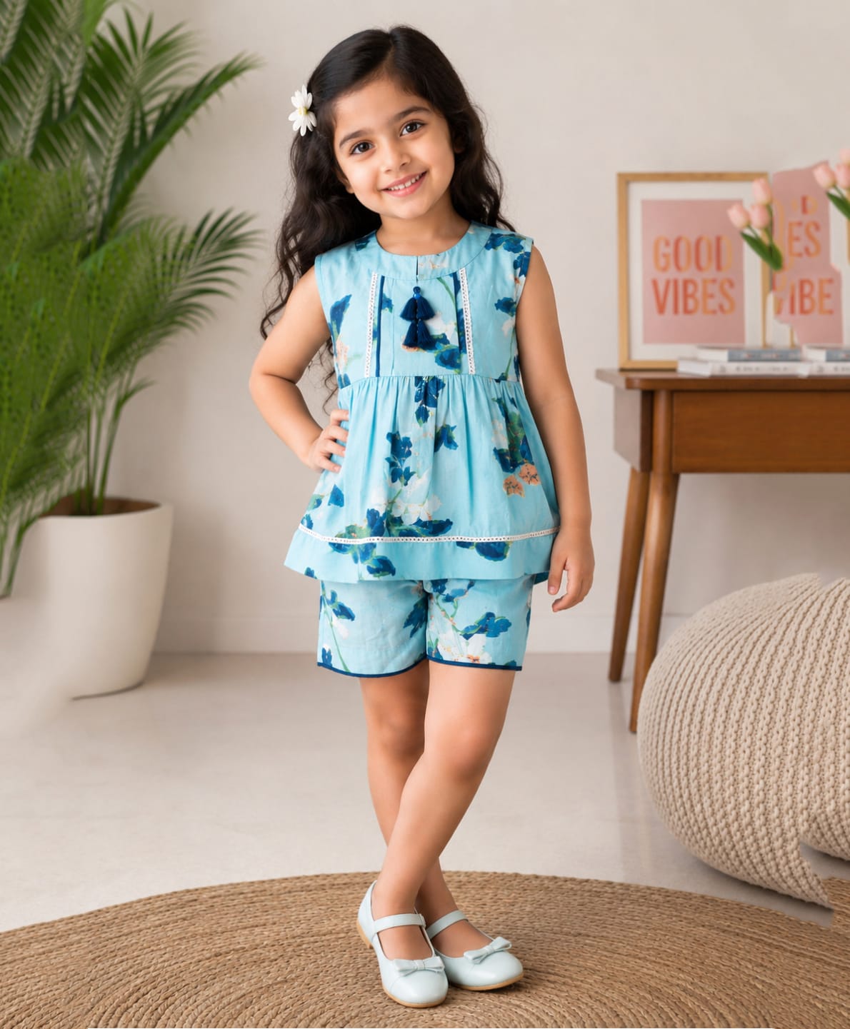 Superminis Cotton Woven Sleeveless Tassels Embellished & Floral Printed Coordinating Top & Shorts Set - Sky Blue-picture-31