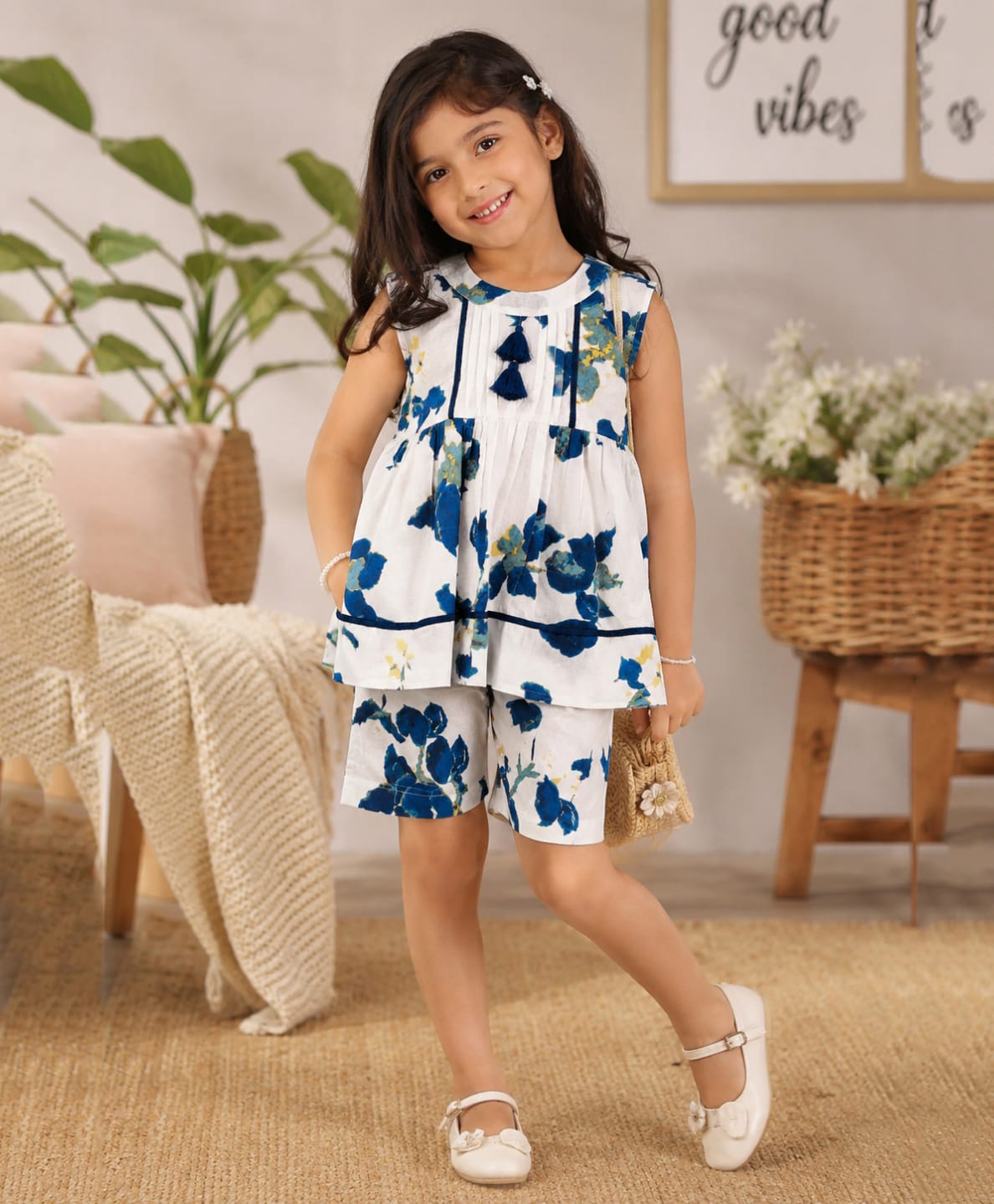 Superminis Cotton Woven Sleeveless Tassels Embellished & Floral Printed Coordinating Top & Shorts Set - Sky Blue-picture-25