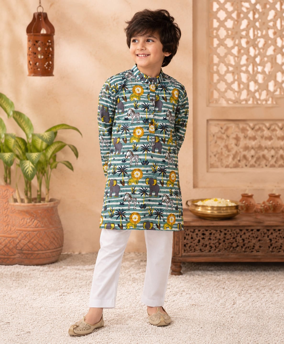 Superminis Cotton Woven Full Sleeves Striped & Animals Printed Kurta Pyjama Set - Blue-image-42