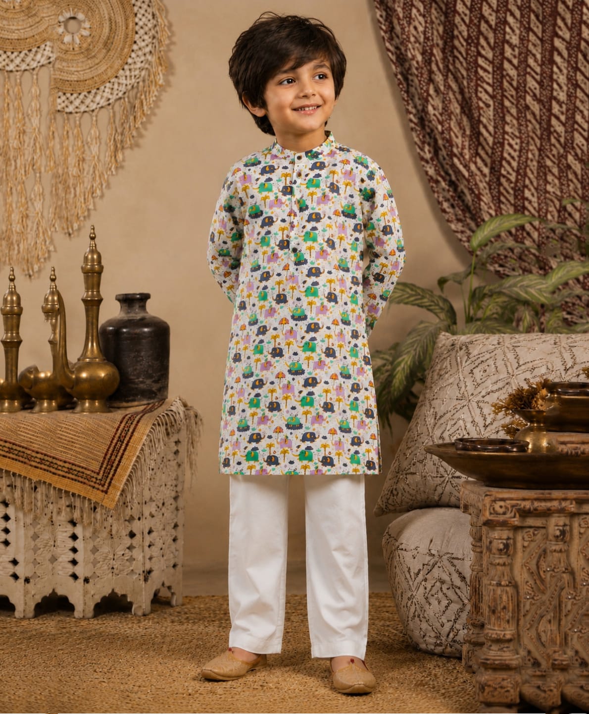 Superminis Cotton Woven Full Sleeves Elephant Motifs Printed Kurta Pyjama Set - Light Green-picture-22