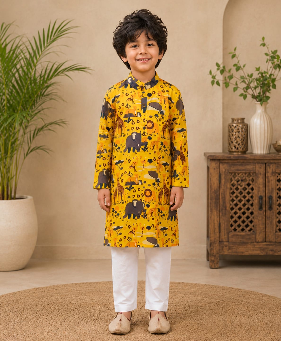 Superminis Cotton Woven Full Sleeves Safari Theme Printed Kurta Pyjama Set - Yellow-picture-29