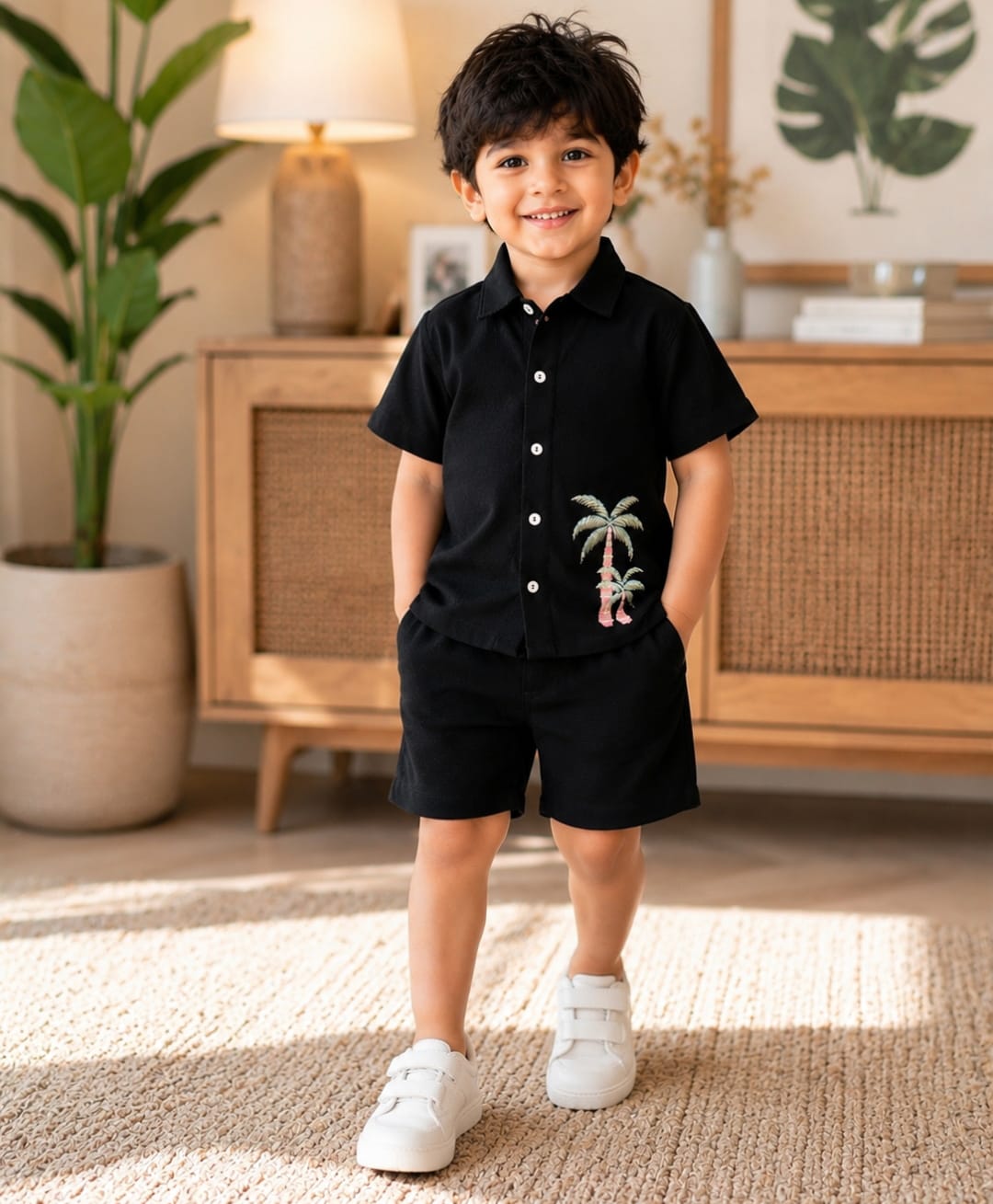 Superminis Cotton Woven Half Sleeves Palm Trees Embroidered Shirt & Shorts Set - Black-picture-34