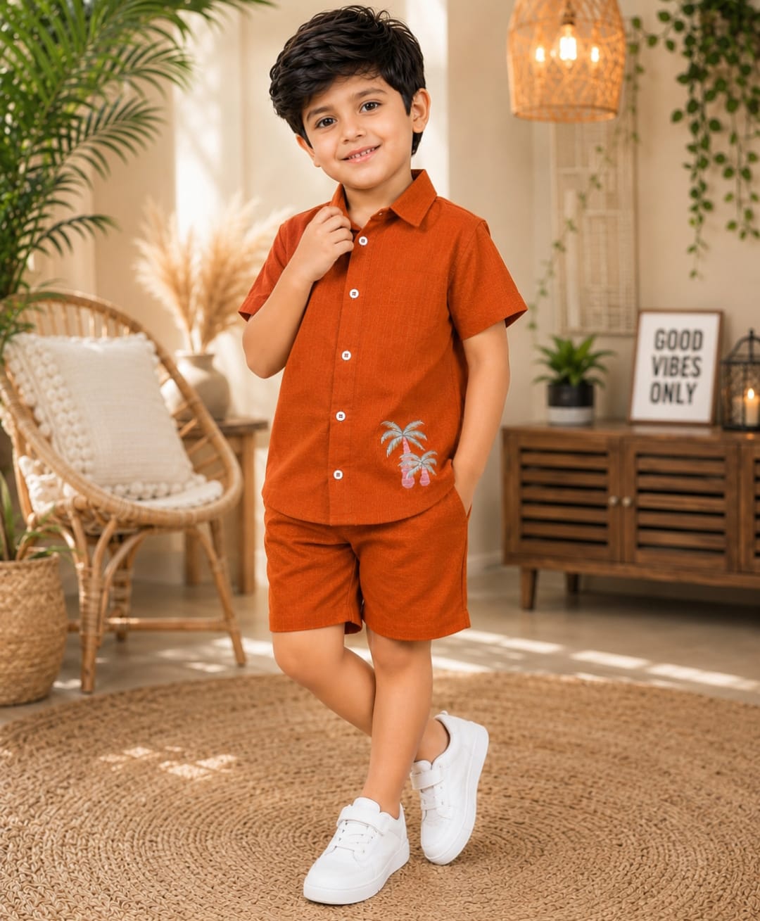 Superminis Cotton Woven Half Sleeves Palm Trees Embroidered Shirt & Shorts Set - Orange-picture-33