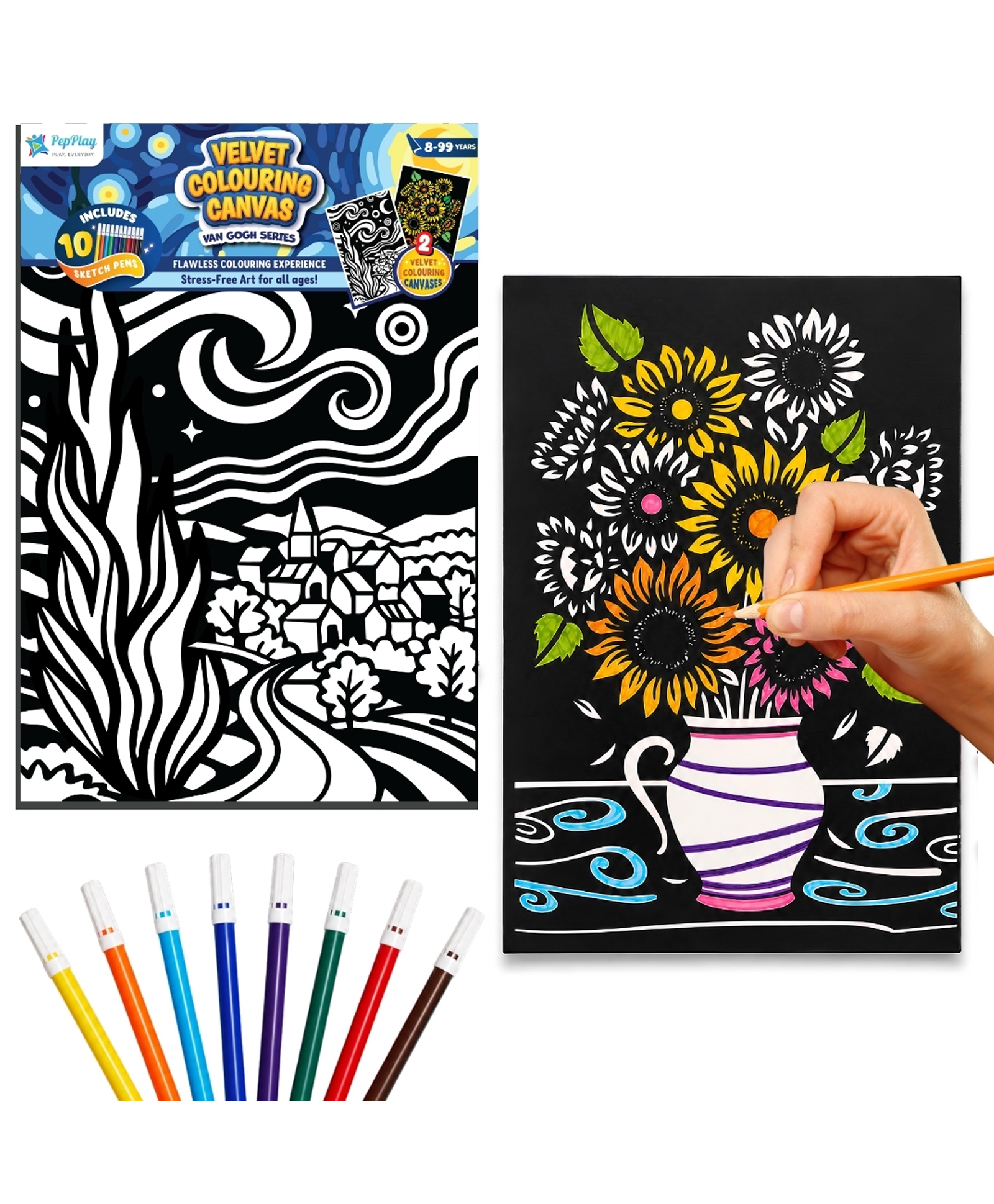 PepPlay Velvet Colouring Canvas Set of 2 | Van Gogh Sunflowers & Starry Night | DIY Velvet Art Kit with 10 Sketch Pens | Framable Canvas | Mindfulness & Stress Relief | Ages 8+-image-6
