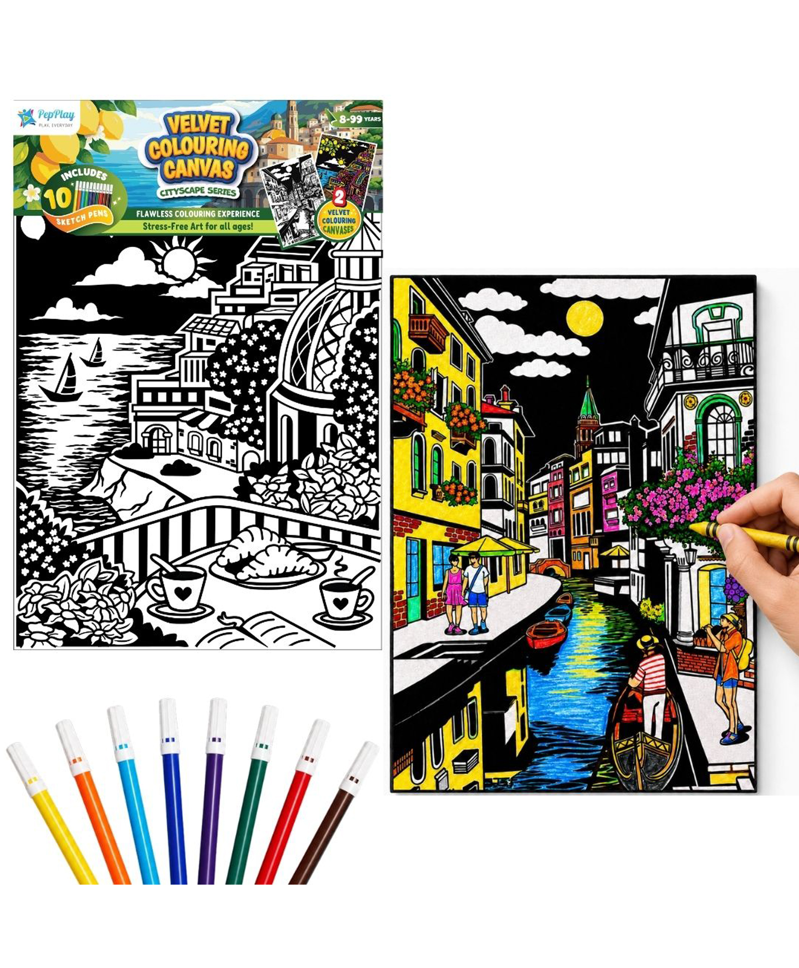 PepPlay Velvet Colouring Canvas Set of 2 | Venice & Amalfi Coast | DIY Velvet Art Kit with 10 Sketch Pens | Framable Wall Art | Mindfulness Activity | Ages 8+-image-29