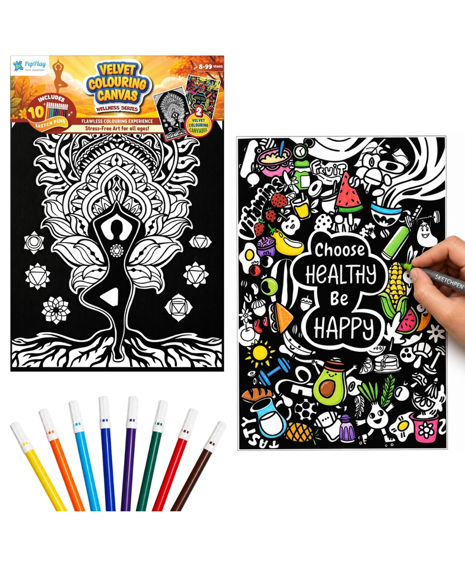 PepPlay Velvet Colouring Canvas Set of 2 | Mindful Yoga & Healthy Be Happy | DIY Velvet Art Kit with 10 Sketch Pens | Mindfulness & Self-Care | Framable Canvas | Ages 8+-image-30