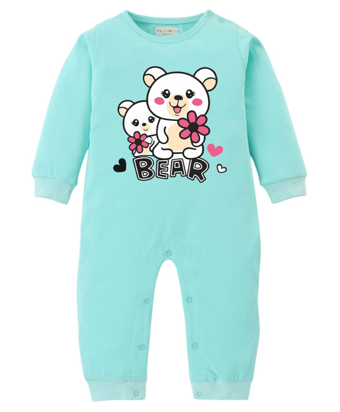 BLUSHES 100% Cotton Knit Full Sleeves Bear Text Printed Romper - Sea Green-picture-16