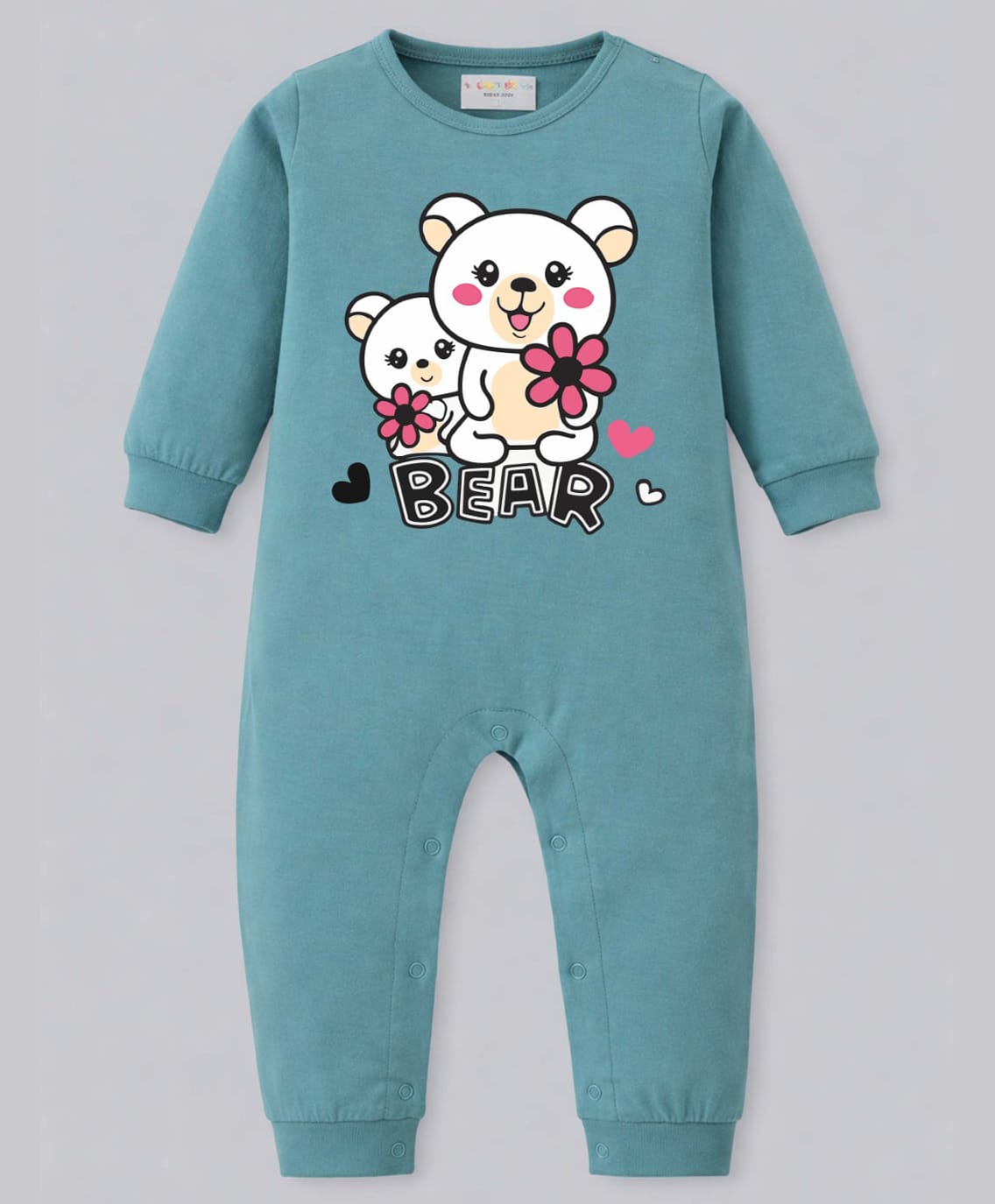 BLUSHES 100% Cotton Knit Full Sleeves Bear Text Printed Romper - Turquoise-picture-42