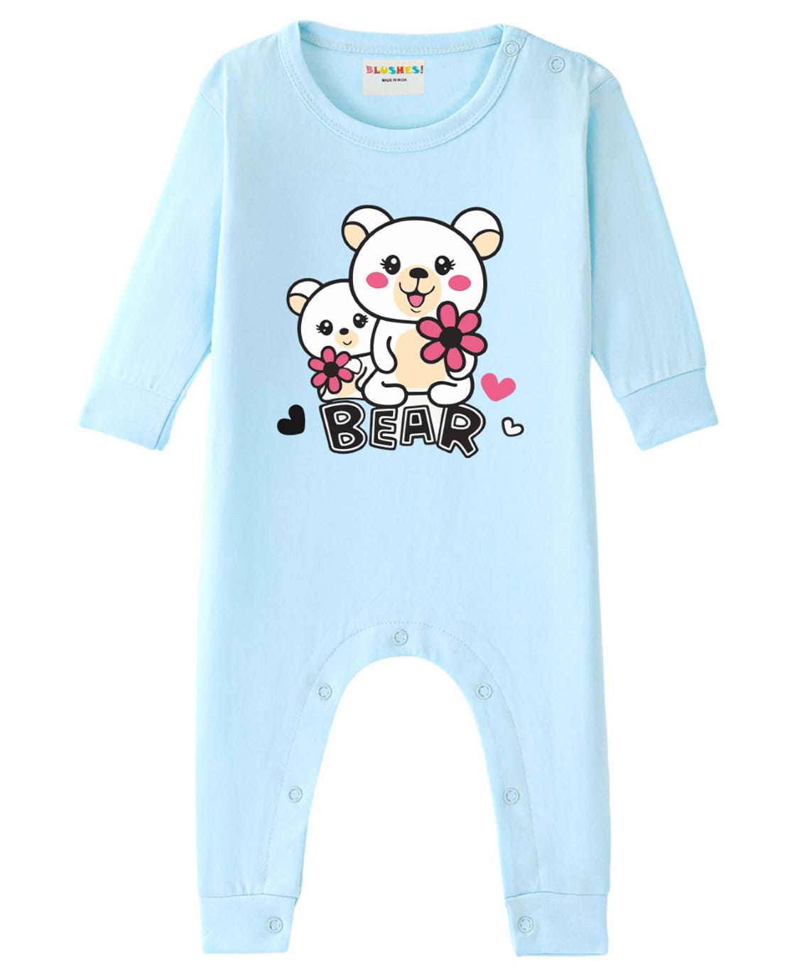 BLUSHES 100% Cotton Knit Full Sleeves Bear Text Printed Romper - Aqua Blue-image-22