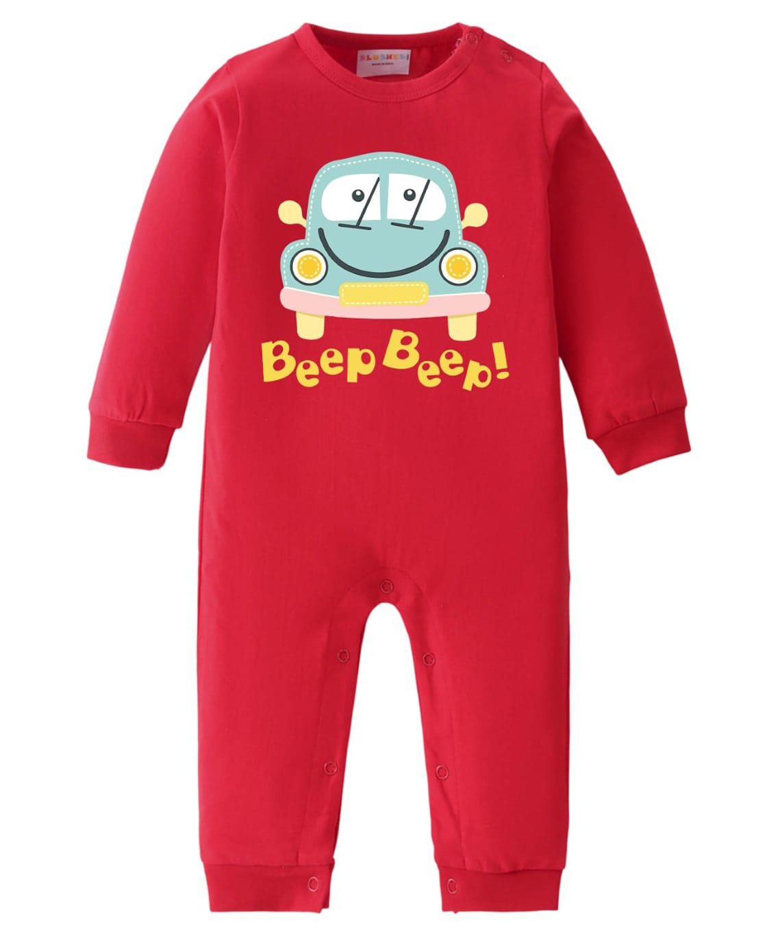 BLUSHES 100% Cotton Knit Full Sleeves Beep Beep Text & Car Printed Romper - Red-image-26