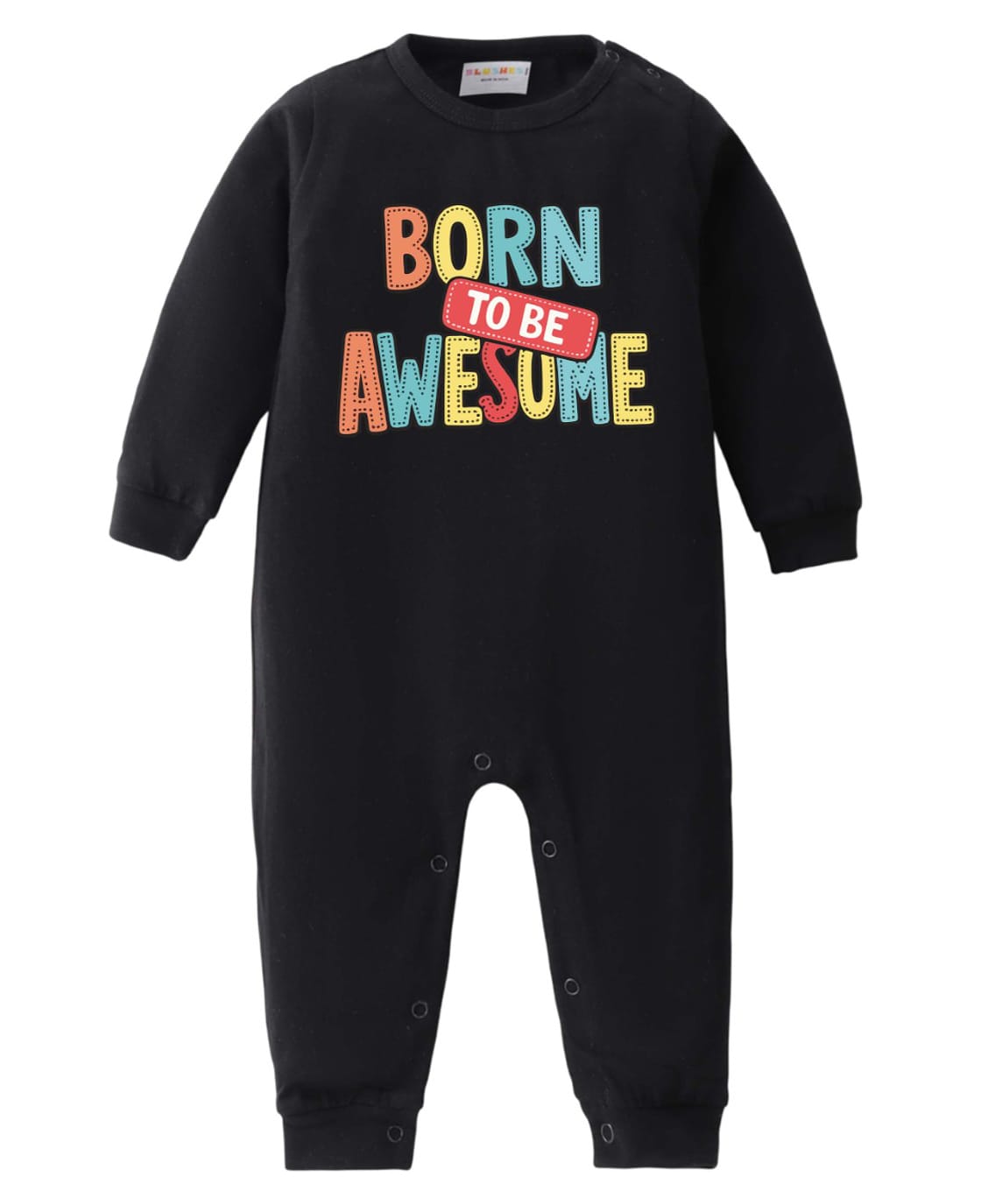 BLUSHES 100% Cotton Knit Full Sleeves Born To Be Awesome Text Printed Romper - Black-picture-26
