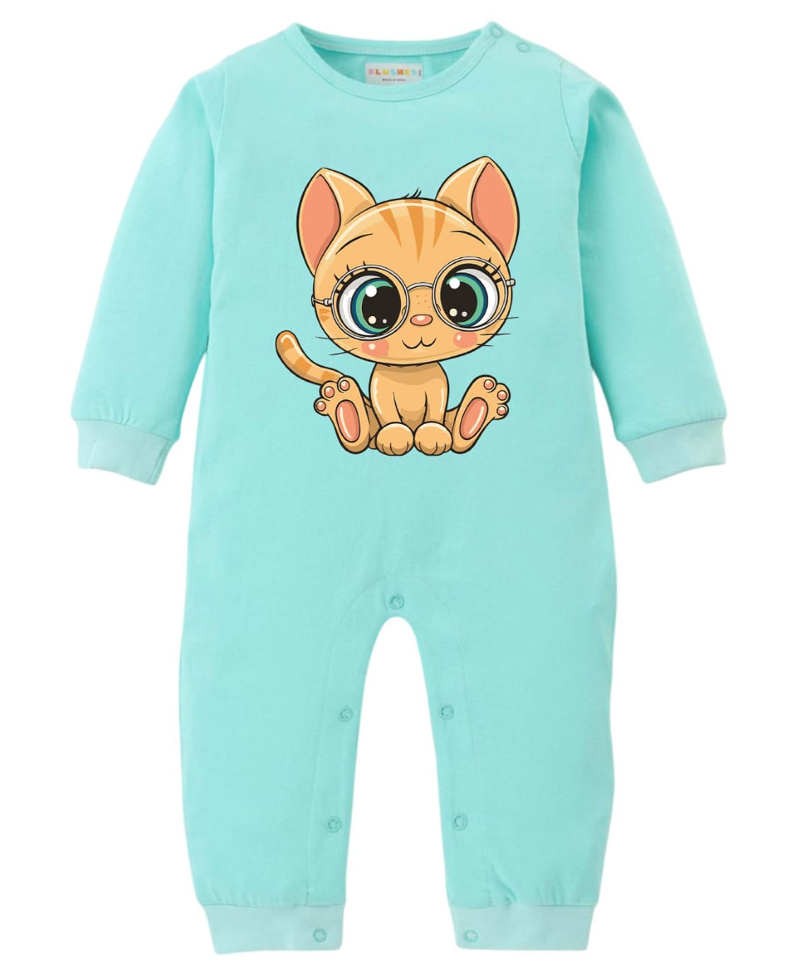 BLUSHES 100% Cotton Knit Full Sleeves Cat Printed Romper - Sea Green-picture-45