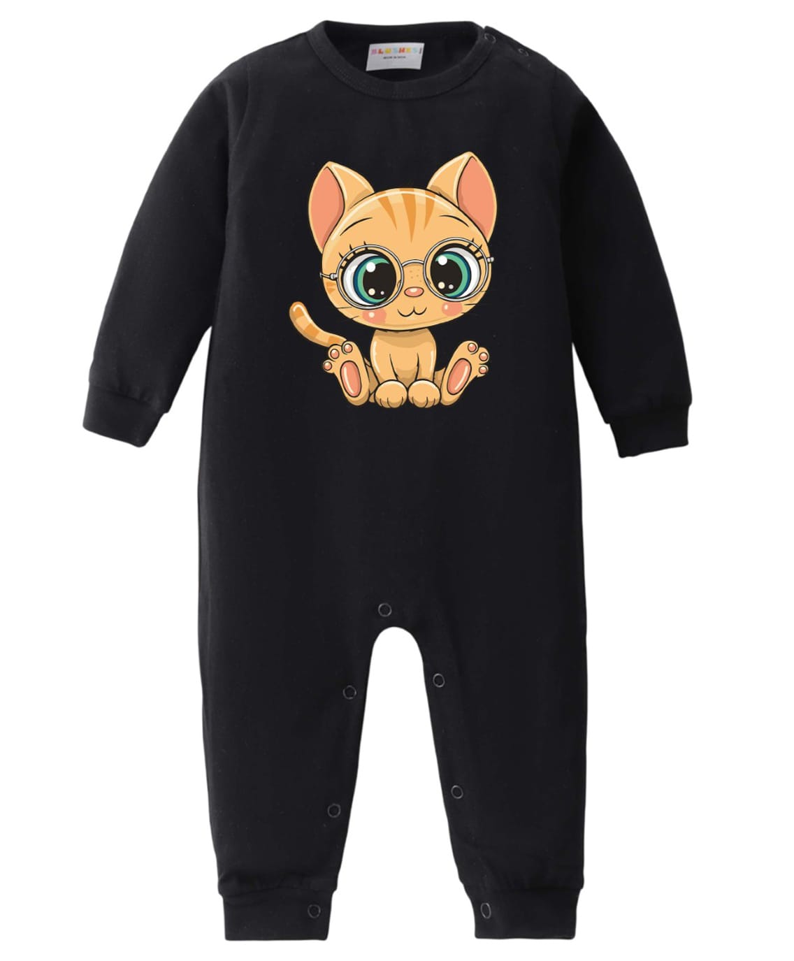 BLUSHES 100% Cotton Knit Full Sleeves Cat Printed Romper - Black-image-6