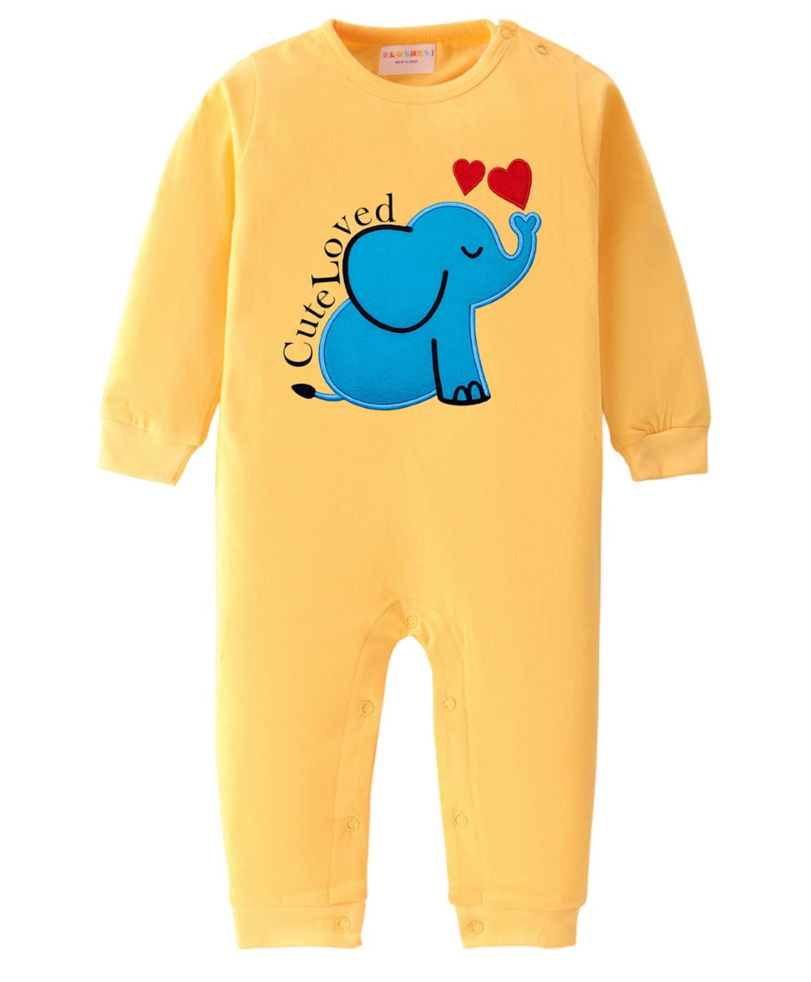 BLUSHES 100% Cotton Knit Full Sleeves Cute Loved Text & Elephant Printed Romper - Yellow-image-31