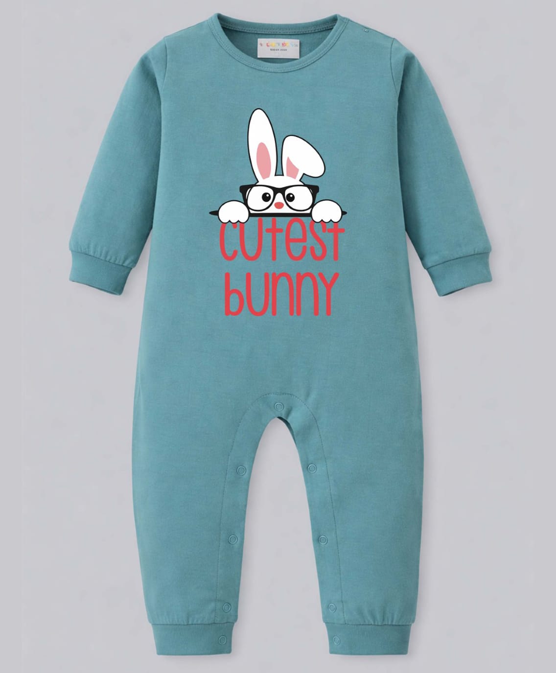 BLUSHES 100% Cotton Knit Full Sleeves Cutest Bunny Text Printed Romper - Turquoise-image-21