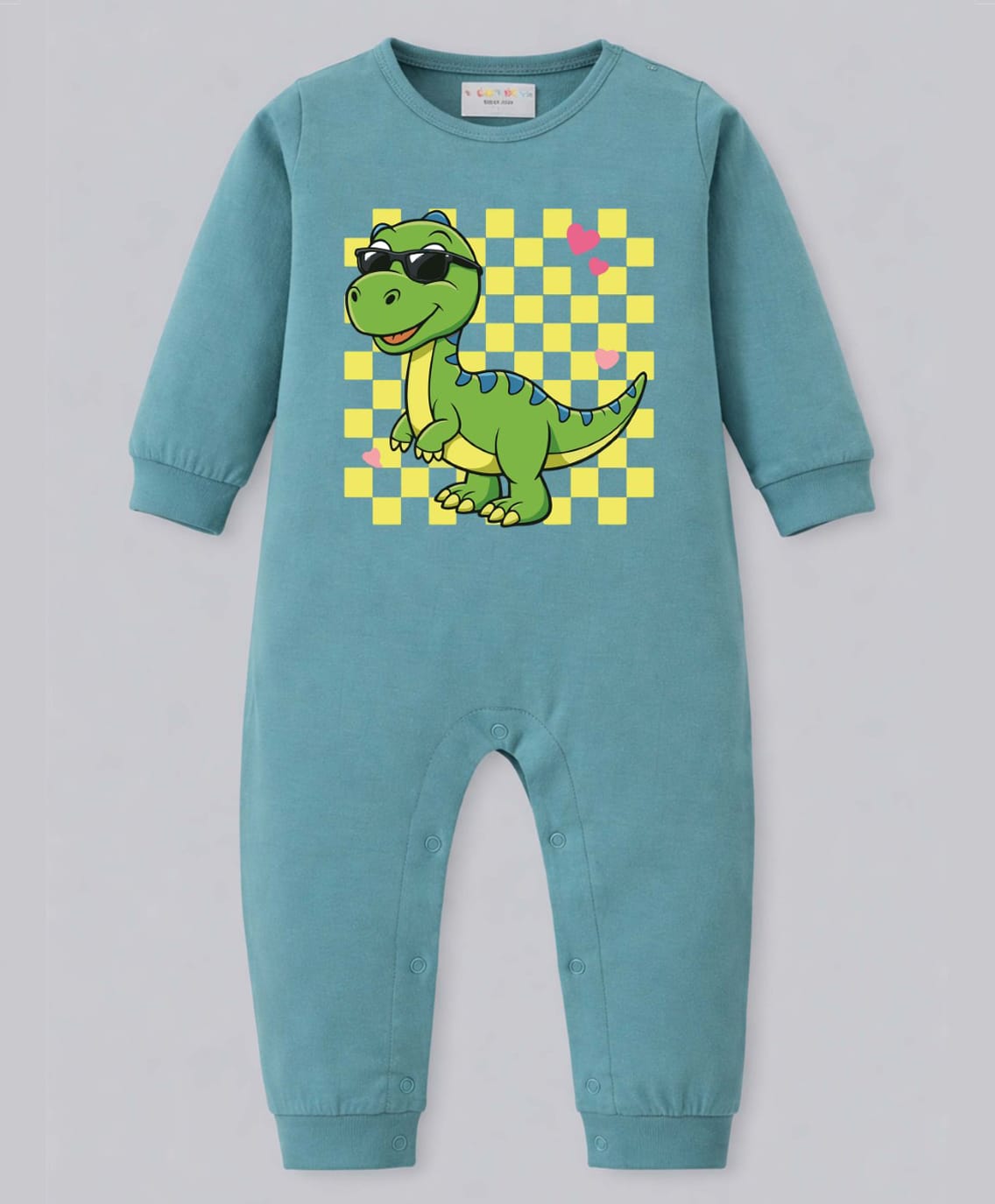 BLUSHES 100% Cotton Knit Full Sleeves Checked & Dinosaur Printed Romper - Turquoise-picture-46