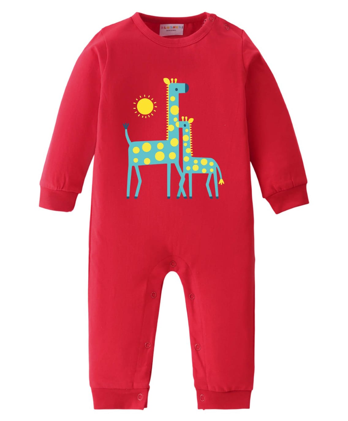 BLUSHES 100% Cotton Knit Full Sleeves Giraffe Printed Romper - Red-image-33