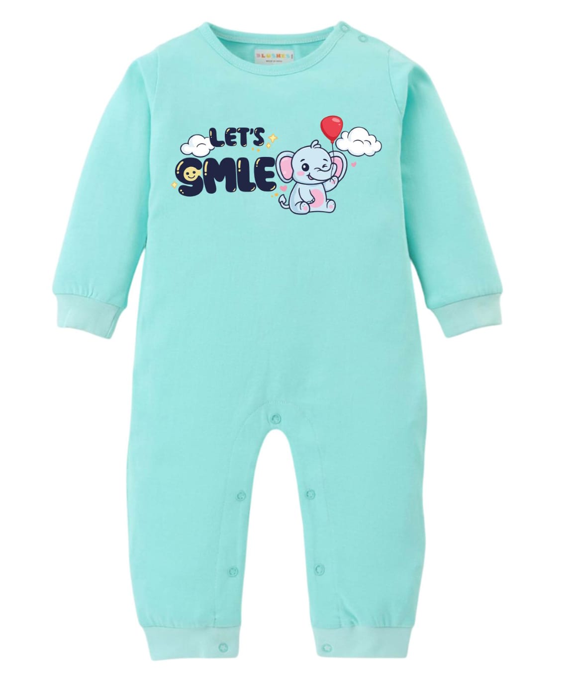 BLUSHES 100% Cotton Knit Full Sleeves Lets Smile Text & Elephant Printed Romper - Sea Green-picture-28