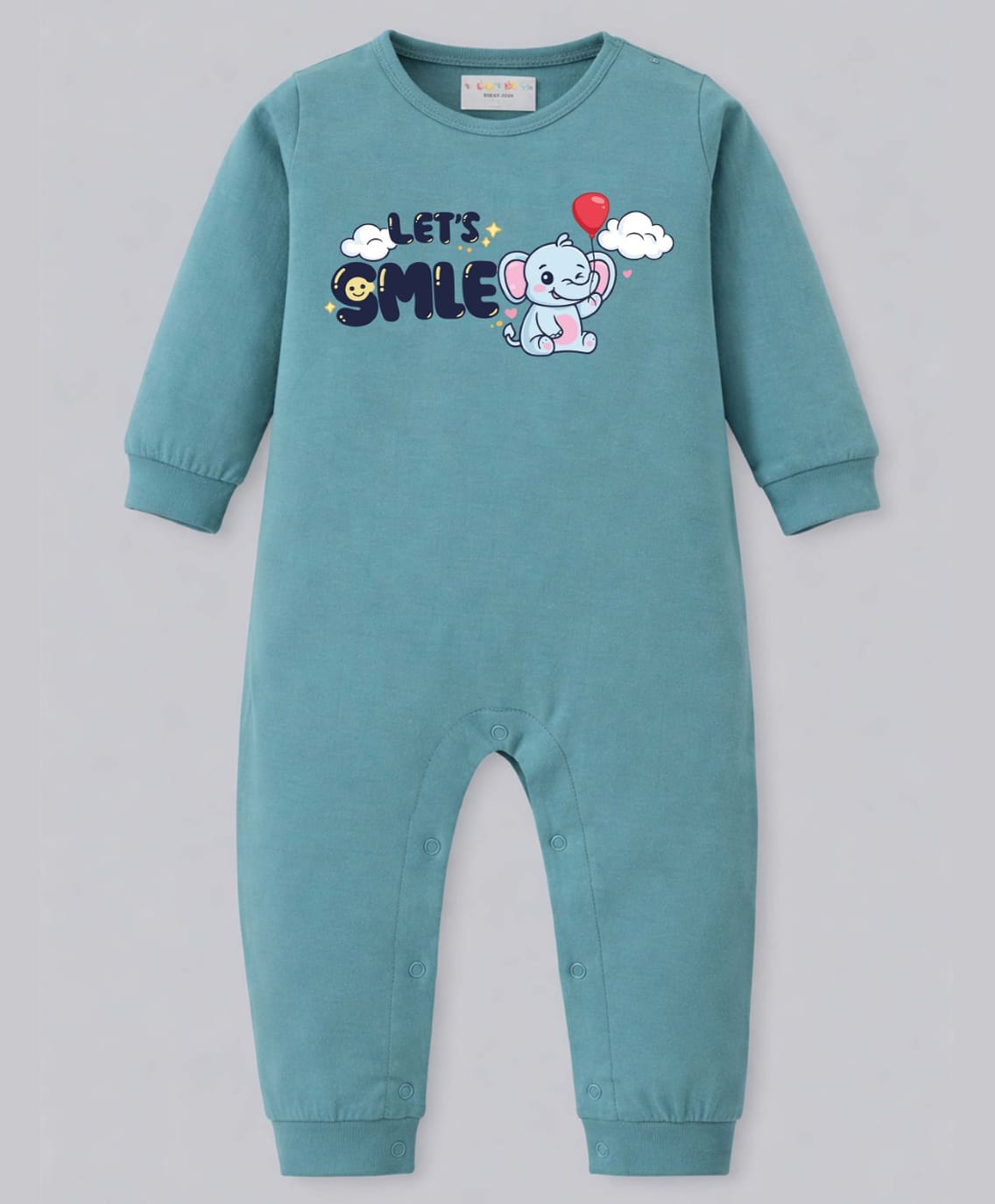 BLUSHES 100% Cotton Knit Full Sleeves Lets Smile Text & Elephant Printed Romper - Olive Green-image-47