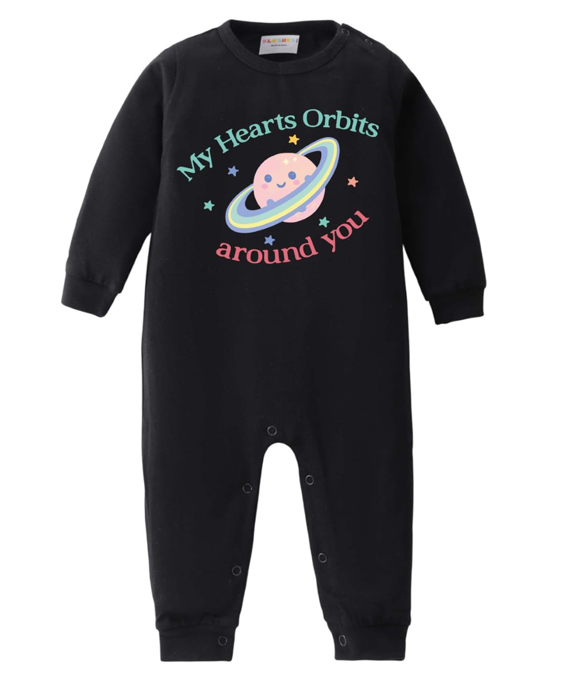 BLUSHES 100% Cotton Knit Full Sleeves My Hearts Orbits Around You Text Printed Romper - Black-picture-16
