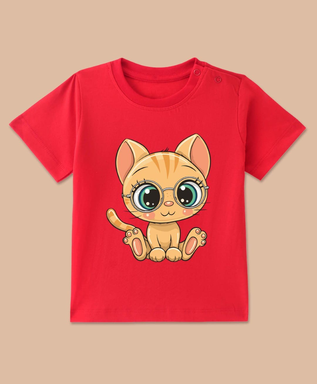 BLUSHES Cotton Knit Half Sleeves Kitten In Glasses Printed Tee - Red-picture-43