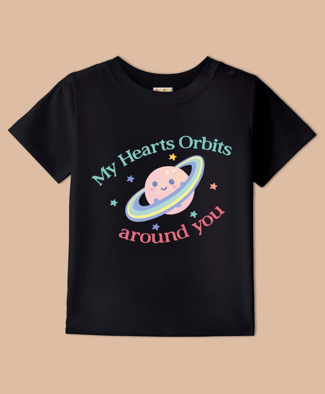 BLUSHES Cotton Knit Half Sleeves My Hearts orbits Around You Text Printed Tee - Black-picture-13