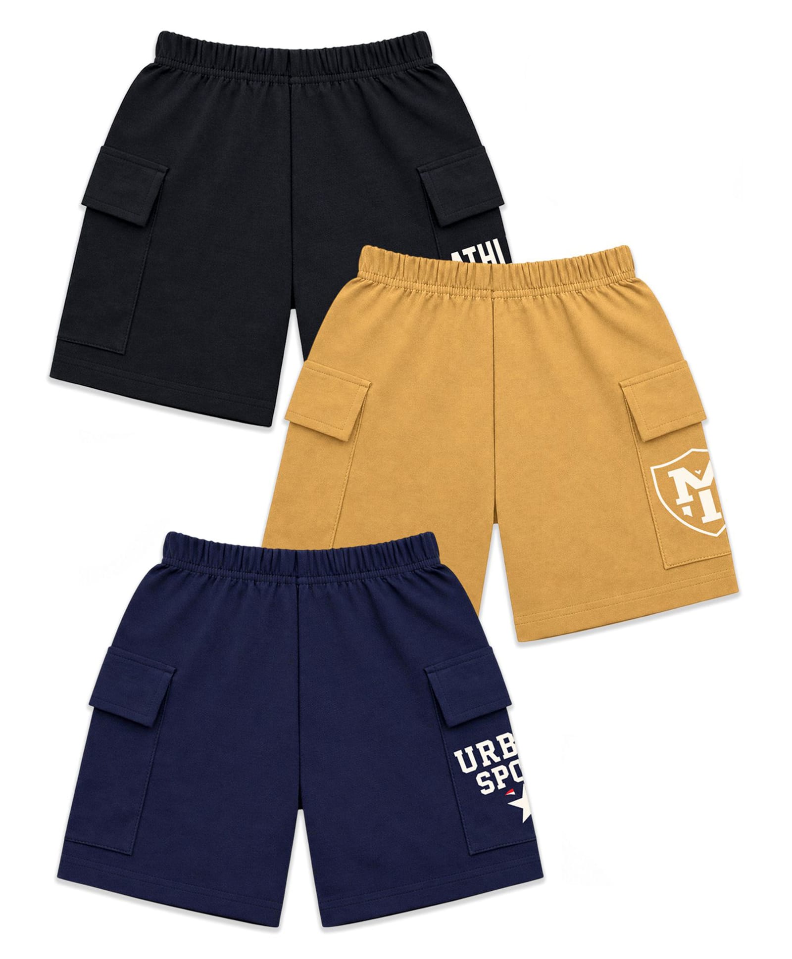 KUCHIPOO Cotton Blend Knit Pack Of 3 Urban Sports Text Printed Shorts - Black Mustard & Navy Blue-picture-10
