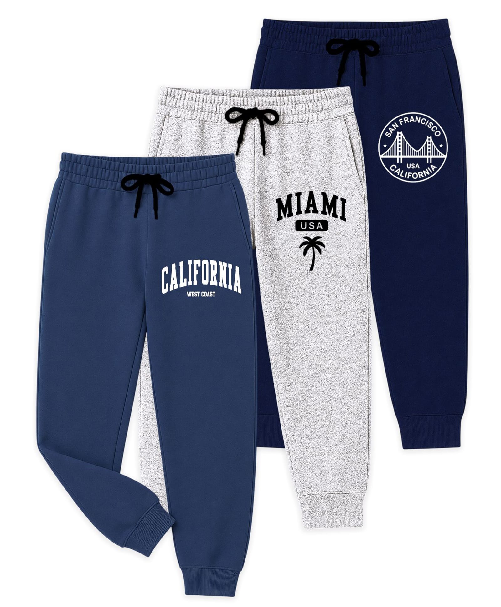 KUCHIPOO Cotton Blend Knit Pack Of 3 Miami & California Text Printed Joggers - Navy Blue Melange Grey & Royal Blue-picture-10