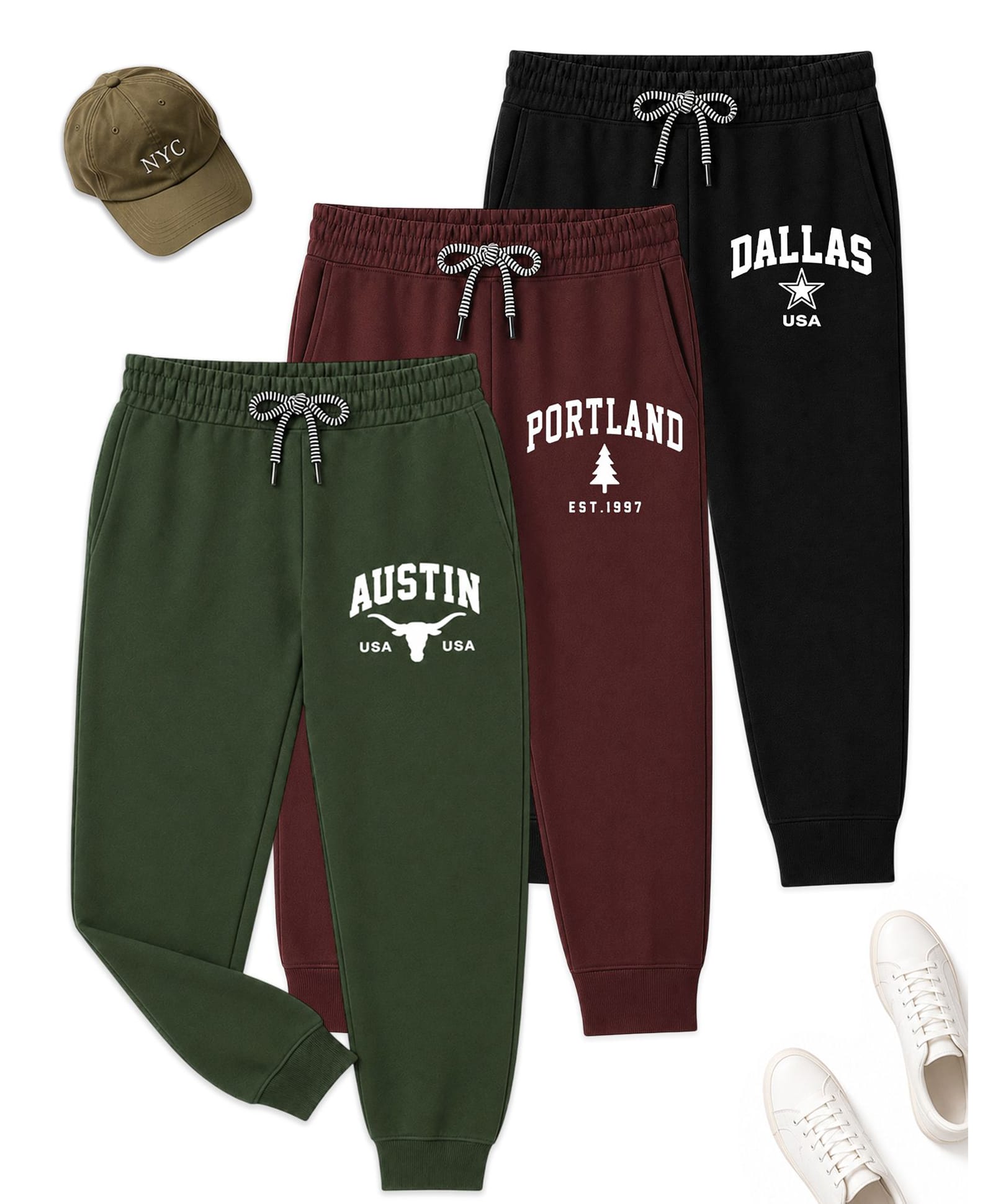 KUCHIPOO Cotton Blend Knit Pack Of 3 Miami & California Text Printed Joggers - Olive Green Maroon & Black-picture-12
