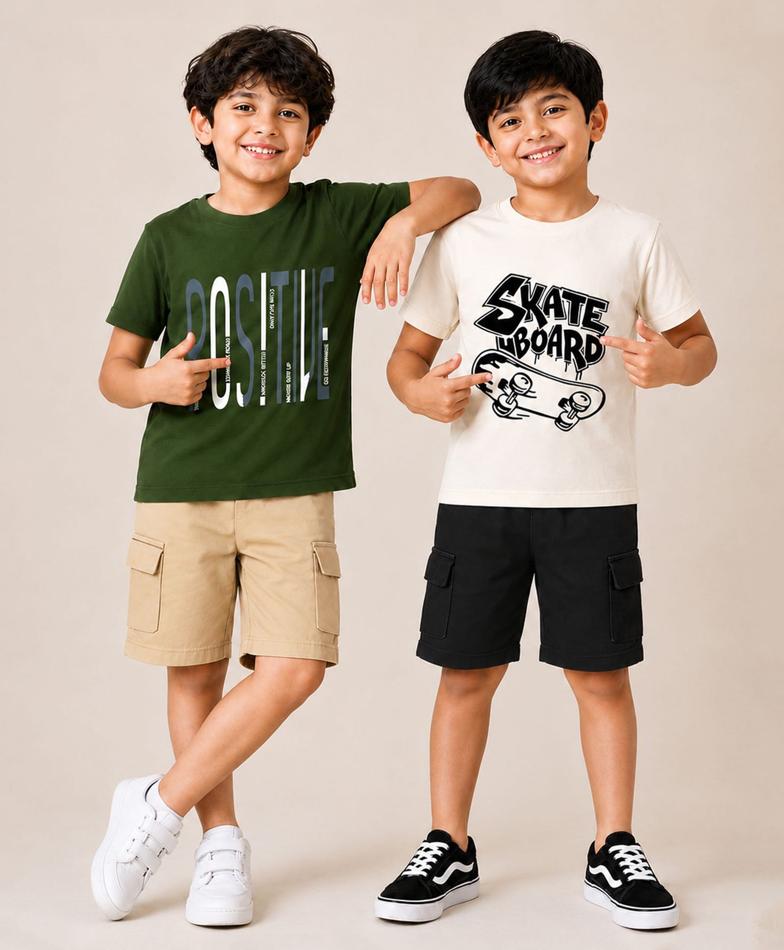 KUCHIPOO Cotton Blend Knit Pack Of 2 Half Sleeves Positive & Skate Boards Printed Tees & Shorts Set - Olive Green & Off White-picture-16