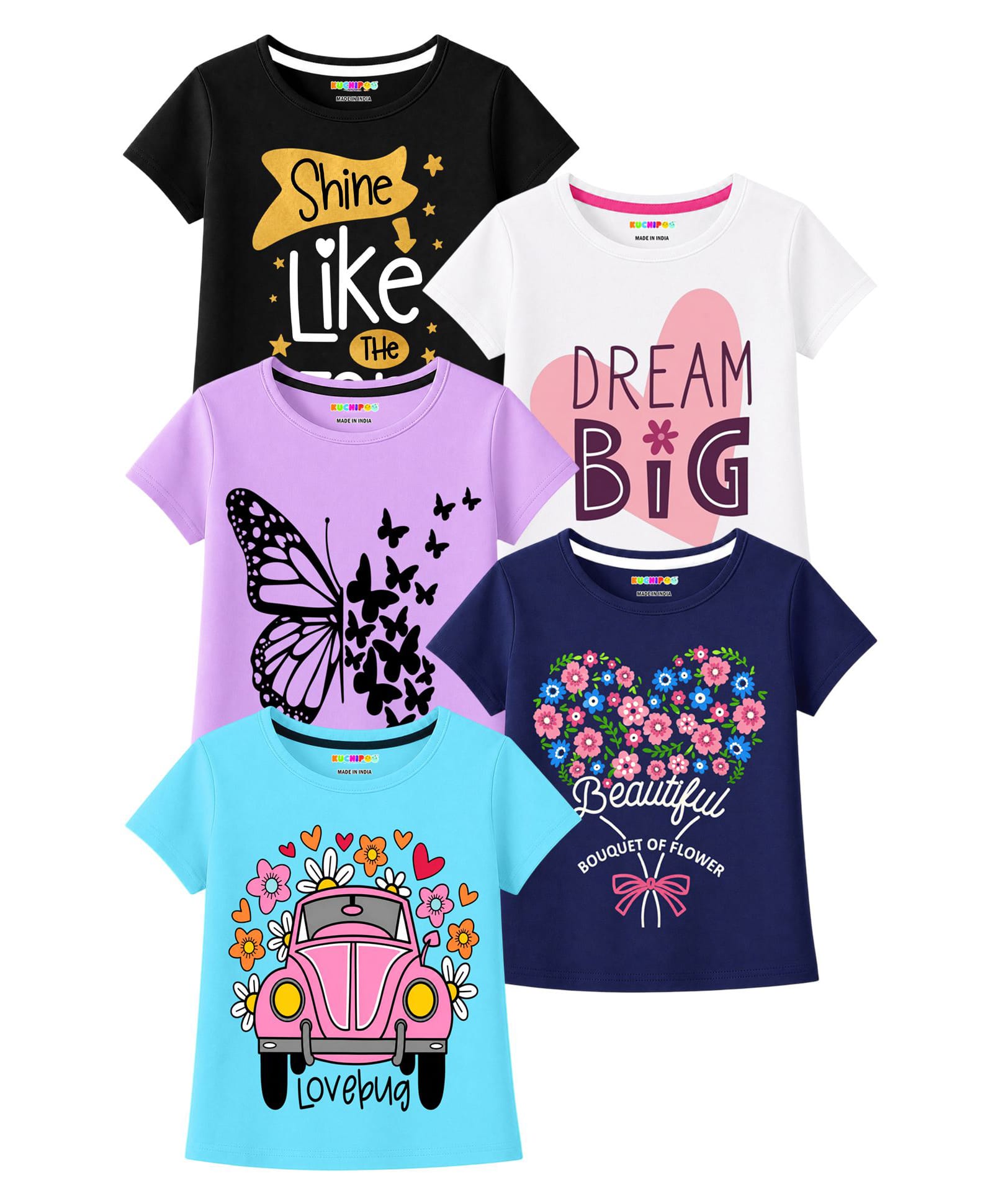 KUCHIPOO Cotton Blend Knit Pack Of 5 Half Sleeves Floral Butterfly & Car Printed Tees - White Lavender Navy Blue & Black-image-24