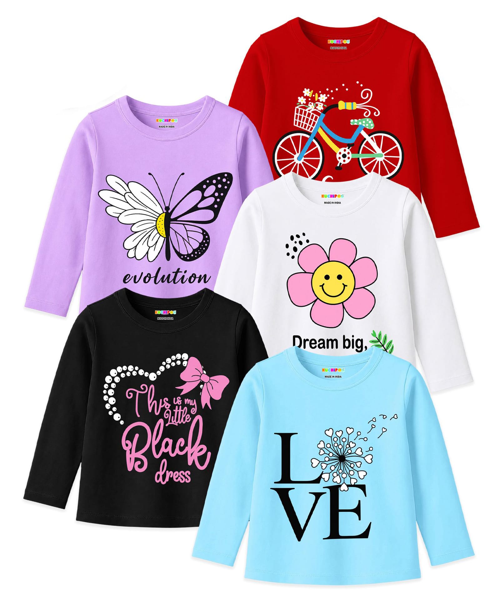 KUCHIPOO Cotton Blend Knit Pack Of 5 Half Sleeves Floral Butterfly & Love Text Printed Tees - Red Lavender White Black & Sky Blue-image-14