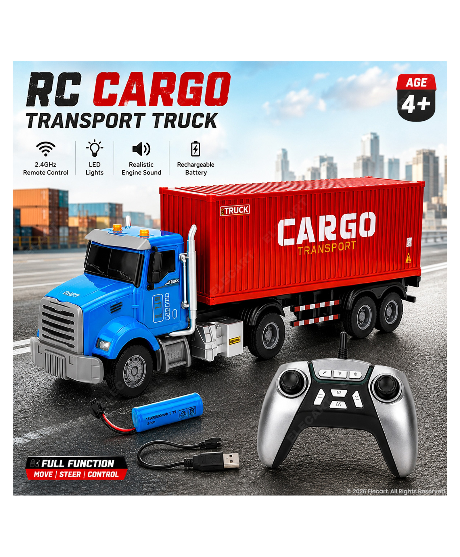 Elecart RC Cargo Transport Truck Toy Remote Control Heavy-Duty Container Trailer Truck with Detachable Cargo Container, LED Lights, Realistic Sounds & USB Rechargeable Battery for Kids-image-3