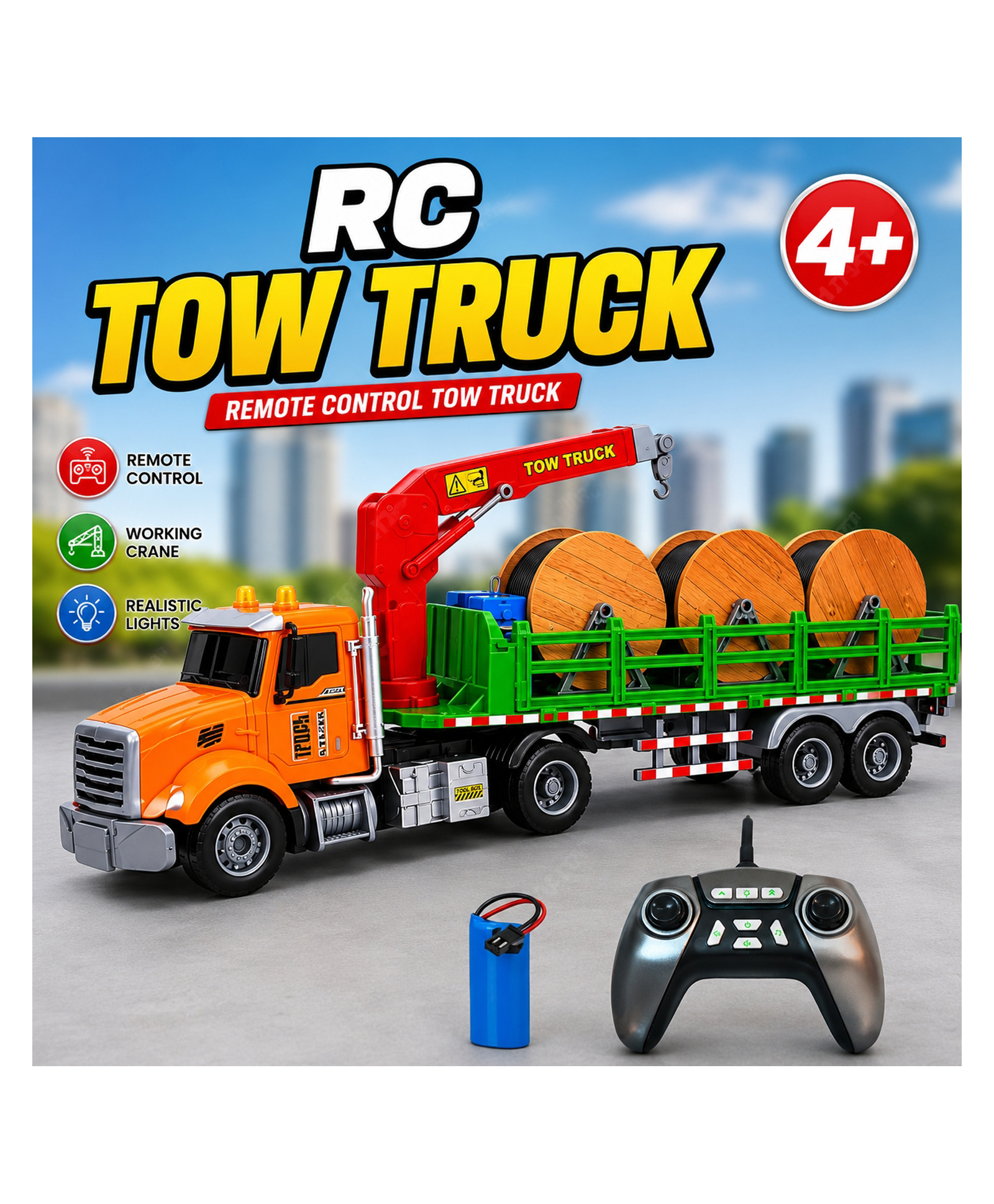 Elecart RC Crane Transport Truck Toy 2.4GHz Remote Control Cargo Truck with Functional Loading Crane, LED Lights, Realistic Sounds, USB Rechargeable Battery, Construction Vehicle Toy for Kids-image-3