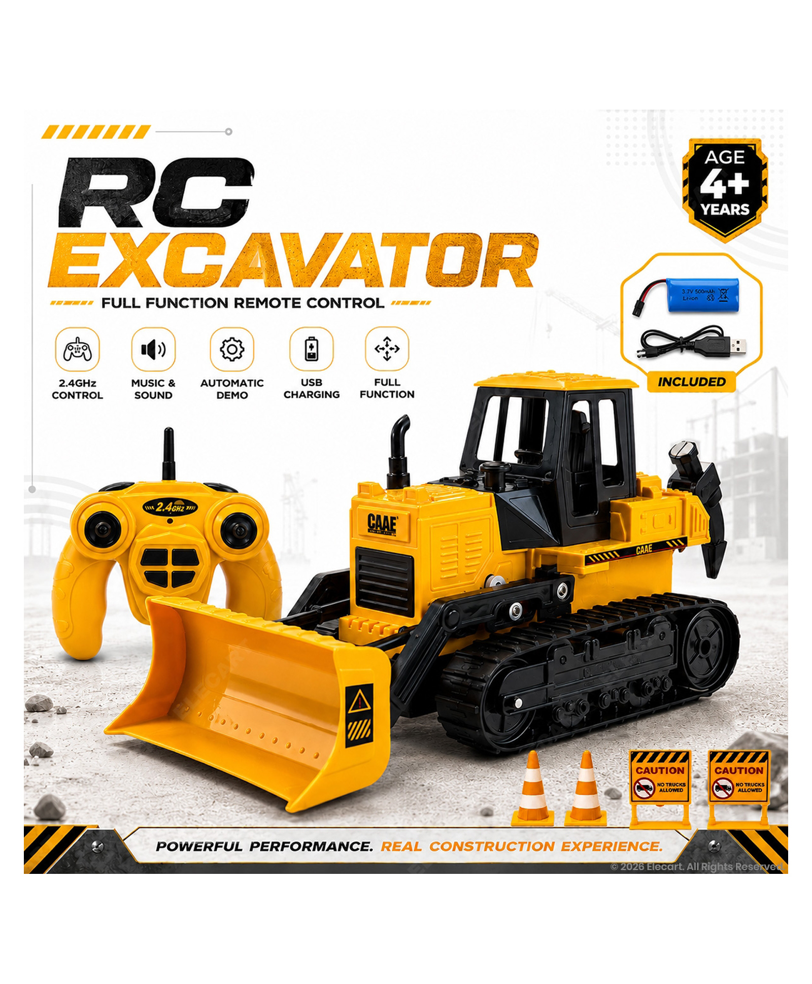 Elecart Remote Control Bulldozer JCB Toy 1:45 Scale RC Engineering Construction Truck with 2.4GHz Remote, Rechargeable Battery, LED Lights & Sounds, Heavy Duty Dozer Toy for Kids-image-2