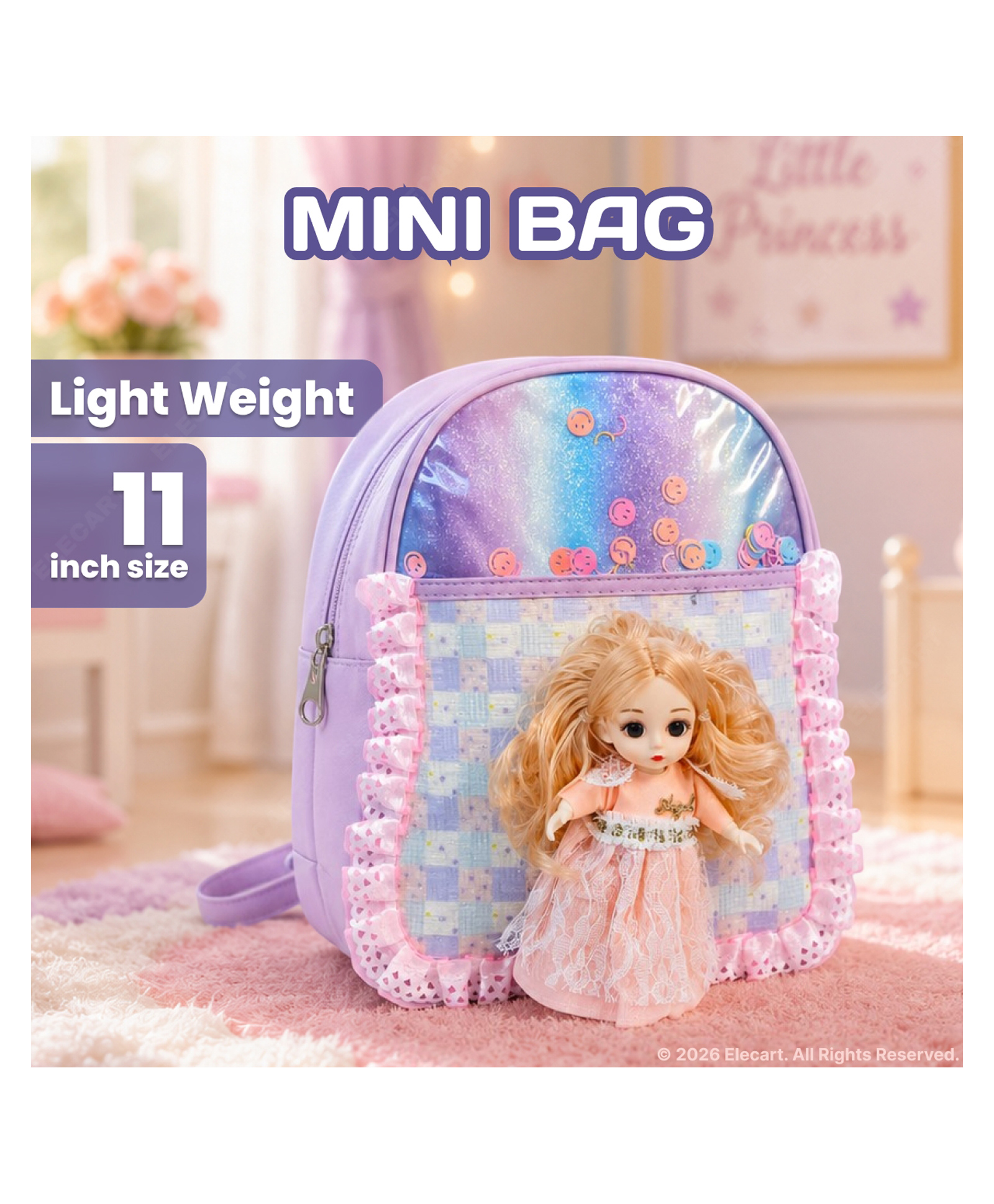 Elecart Mini Backpack for Girls 11 Inch Cute Doll School Bag with Glitter Shaker Pocket, Lightweight Preschool Nursery Travel Backpack for Kids, Birthday Gift (Pack of 1, Random Colour)-picture-3