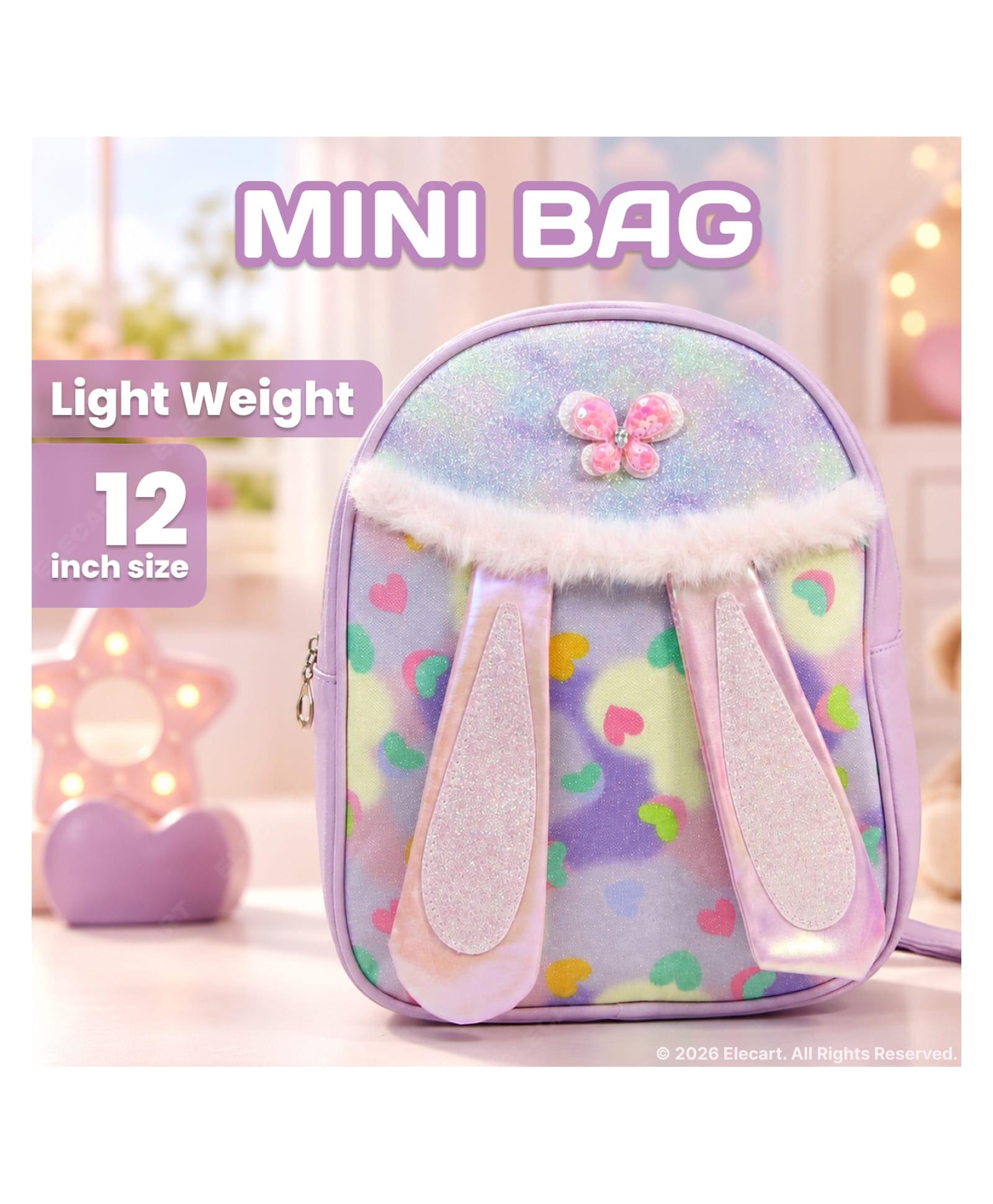 Elecart Mini Backpack for Girls Height 9 inches Cute Bunny Ear School Bag with Glitter Shaker Pocket, Lightweight Preschool Nursery Travel Backpack for Kids, Birthday Gift (Pack of 1, Random Colour)-picture-1