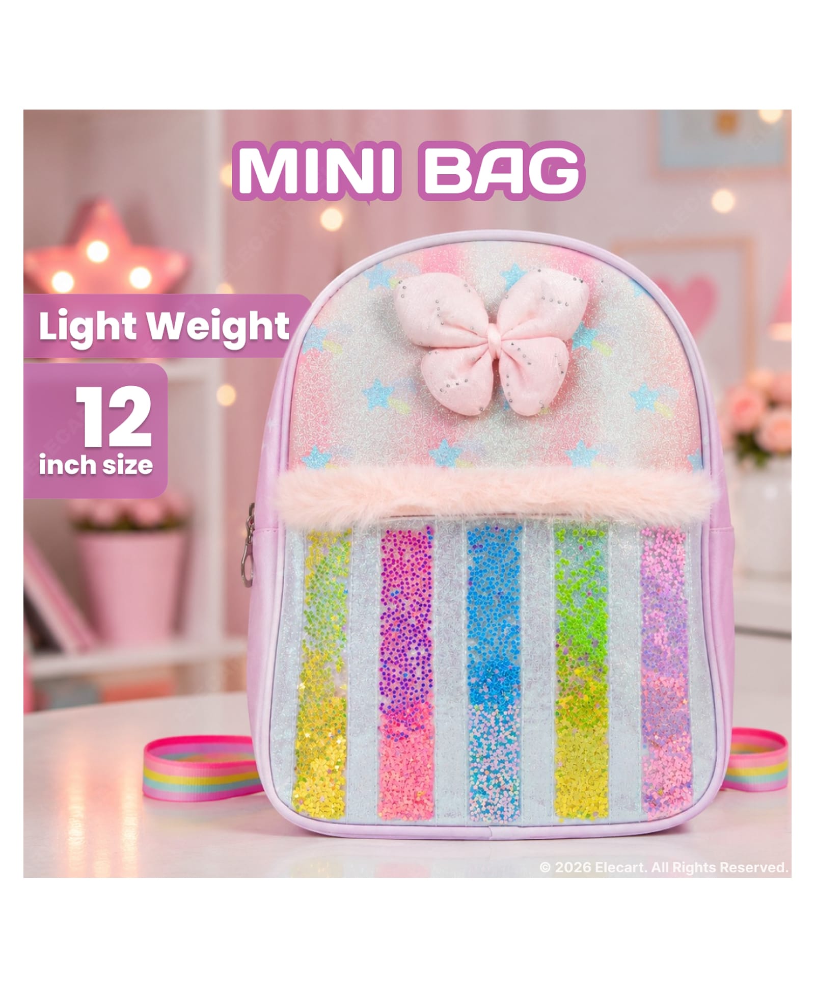 Elecart Mini Backpack for Girls Height 9 inches Cute Rainbow Cute Bow School Bag with Glitter Shaker Pocket, Lightweight Preschool Nursery Travel Backpack for Kids, Birthday Gift-image-31