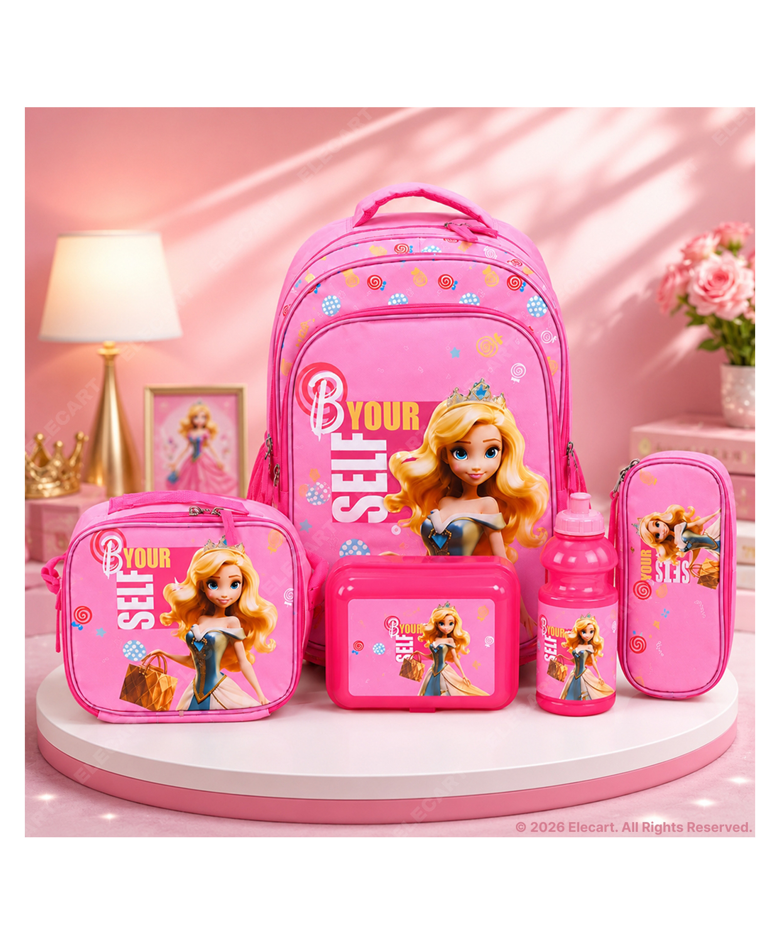 Elecart Barbie School Bag Combo Set for Girls 5 in 1 Back to School Hamper with Backpack, Lunch Bag, Tiffin Box, Water Bottle & Pencil Pouch Complete School Essentials Gift Set for Kids-image-42