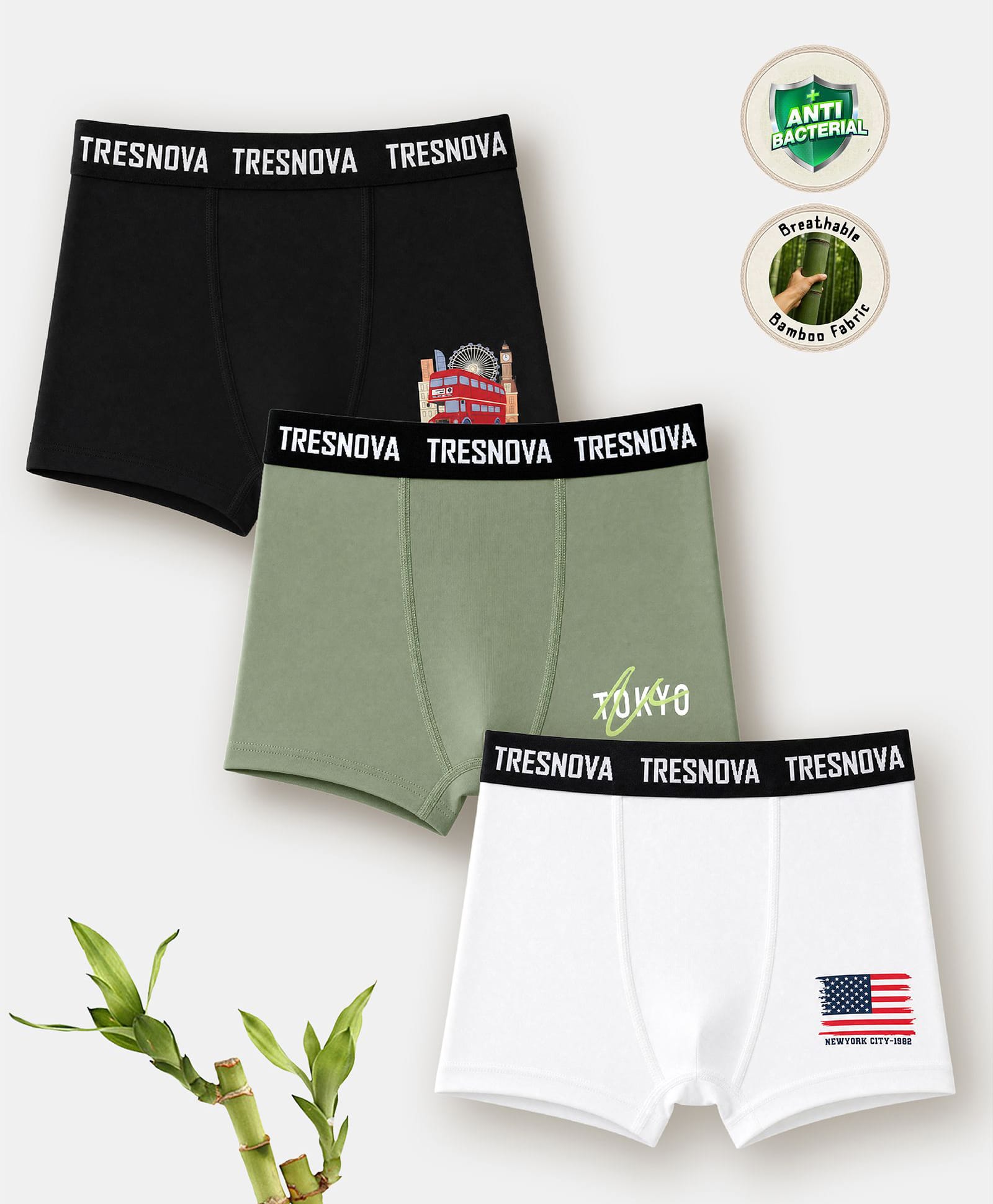 TRESNOVA Viscose Elastane Pack Of 3 Tokyo & New yoke Text Printed Boxers - Black White & Green-picture-16