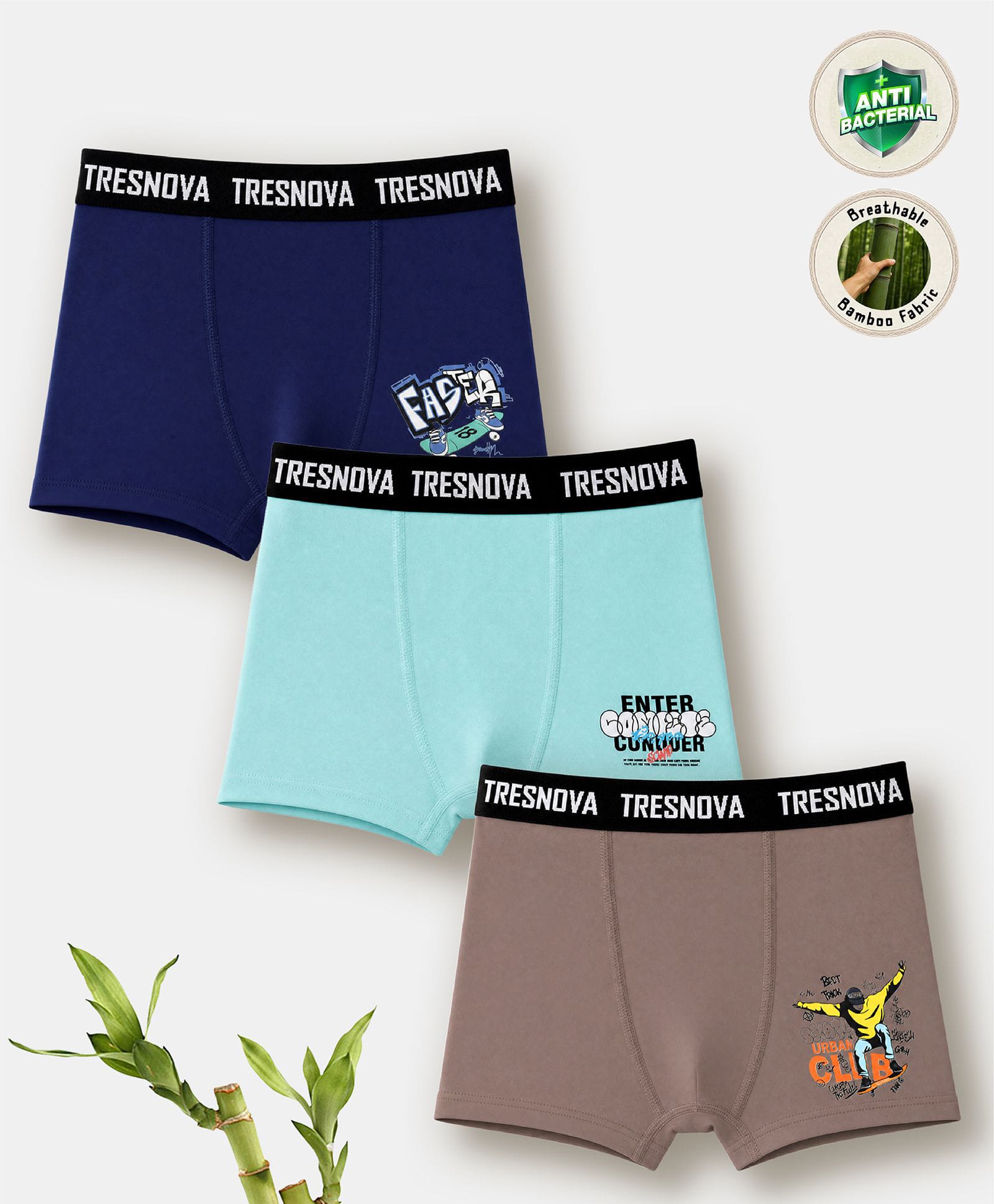 TRESNOVA Viscose Elastane Pack Of 3 Enter & Faster Text Printed Boxers - Navy Blue Brown & Blue-picture-2