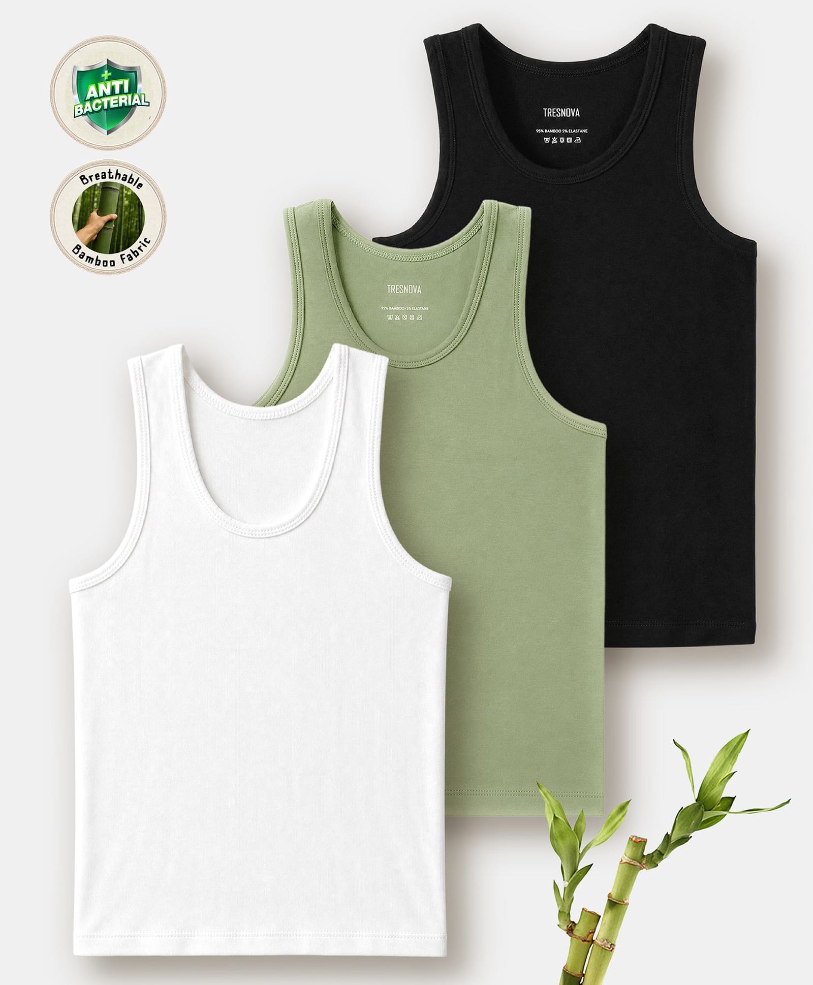 TRESNOVA Viscose Elastane Pack Of 3 Sleeveless Solid Vests - Black Green & White-picture-25