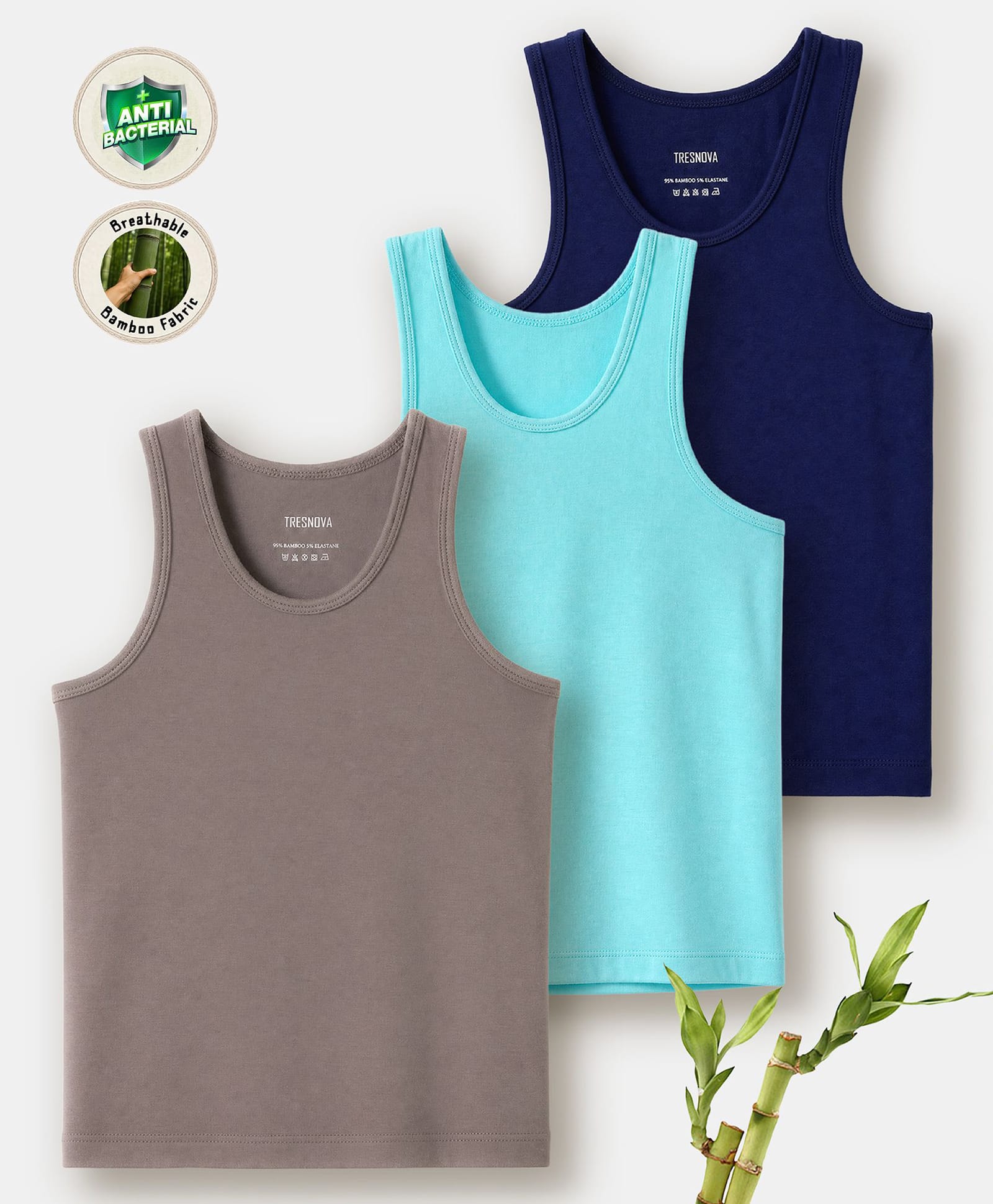 TRESNOVA Viscose Elastane Pack Of 3 Sleeveless Solid Vests - Navy Blue Brown & Blue-picture-22